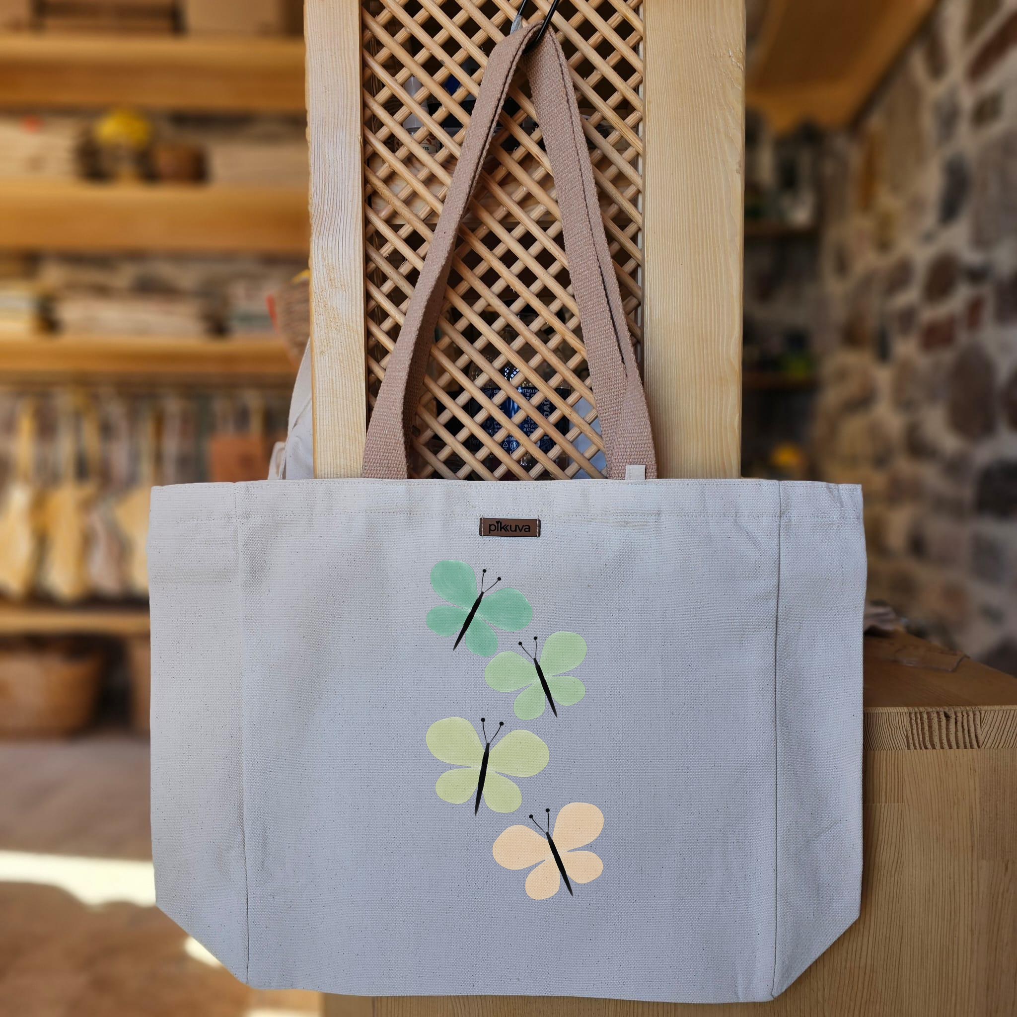 Natural Canvas Tote Bag, Light Brown Handles, White Velcro, Water Bottle Holder — 20x24