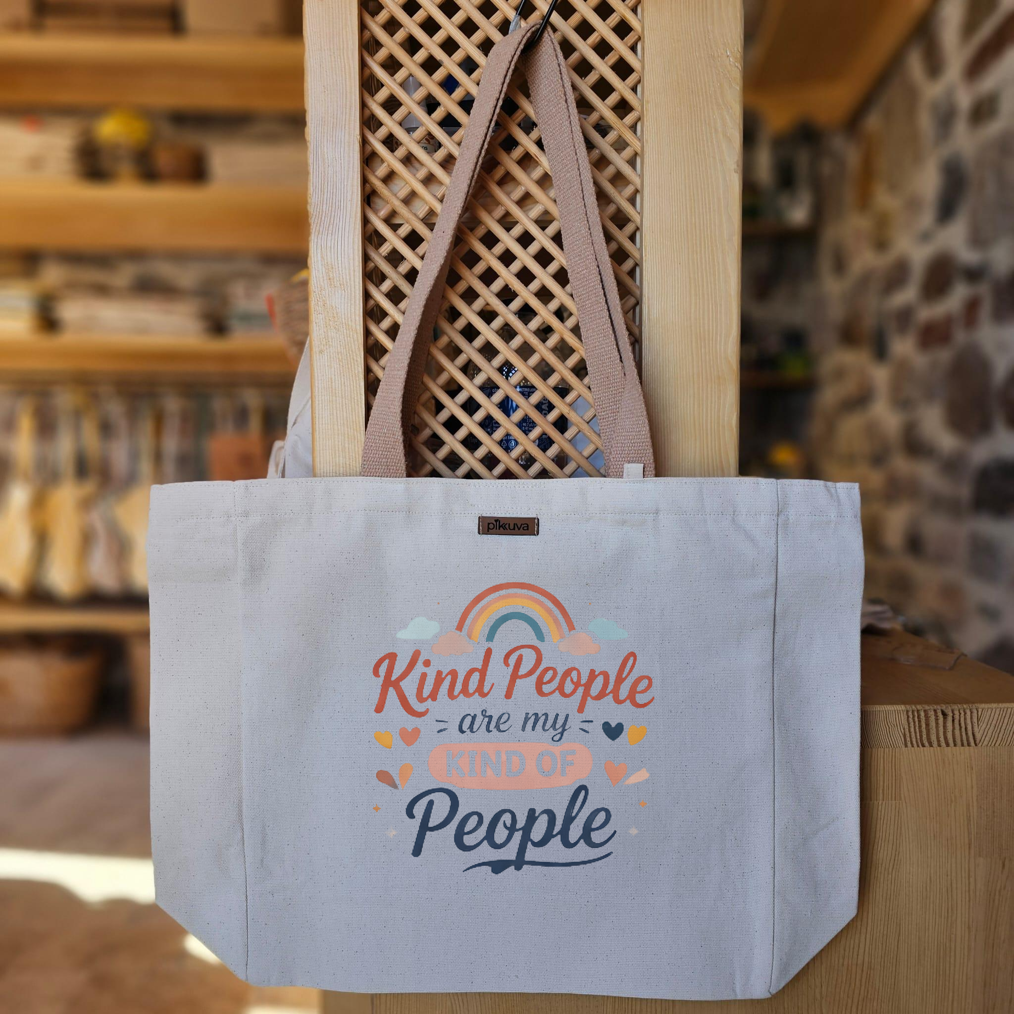 Pembe Mavi Logo Neşeli Kalp Figürü Modern Stil Baskılı Naturel Kanvas Bez Çanta Açık Kahve Sap Beyaz Cırt Cırtlı Suluk Tutuculu
