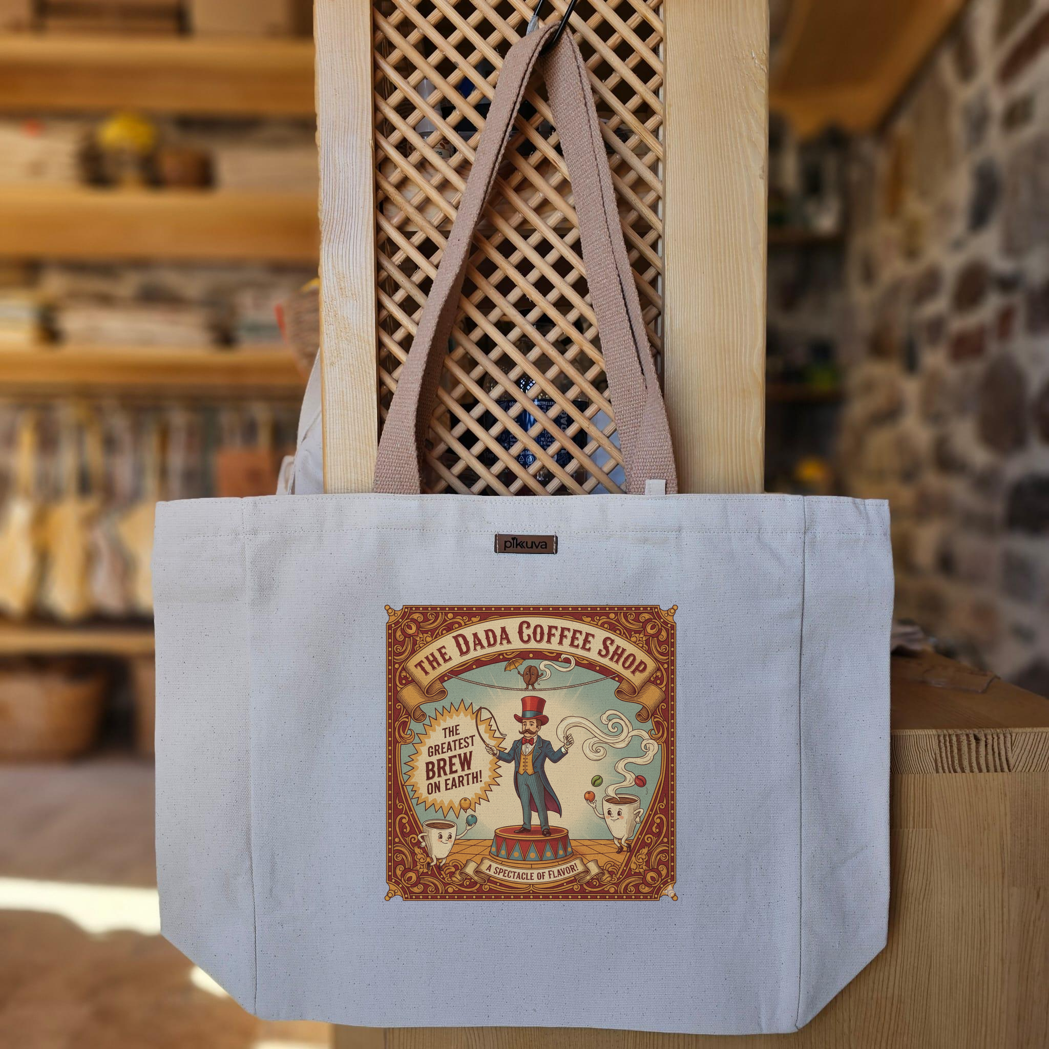Dada Kahve Dükkanı Tasarımı THE GREATEST BREW ON EARTH Baskılı Naturel Kanvas Bez Çanta Açık Sap Beyaz Cırt Cırtlı Suluk Tutuculu — 20x24