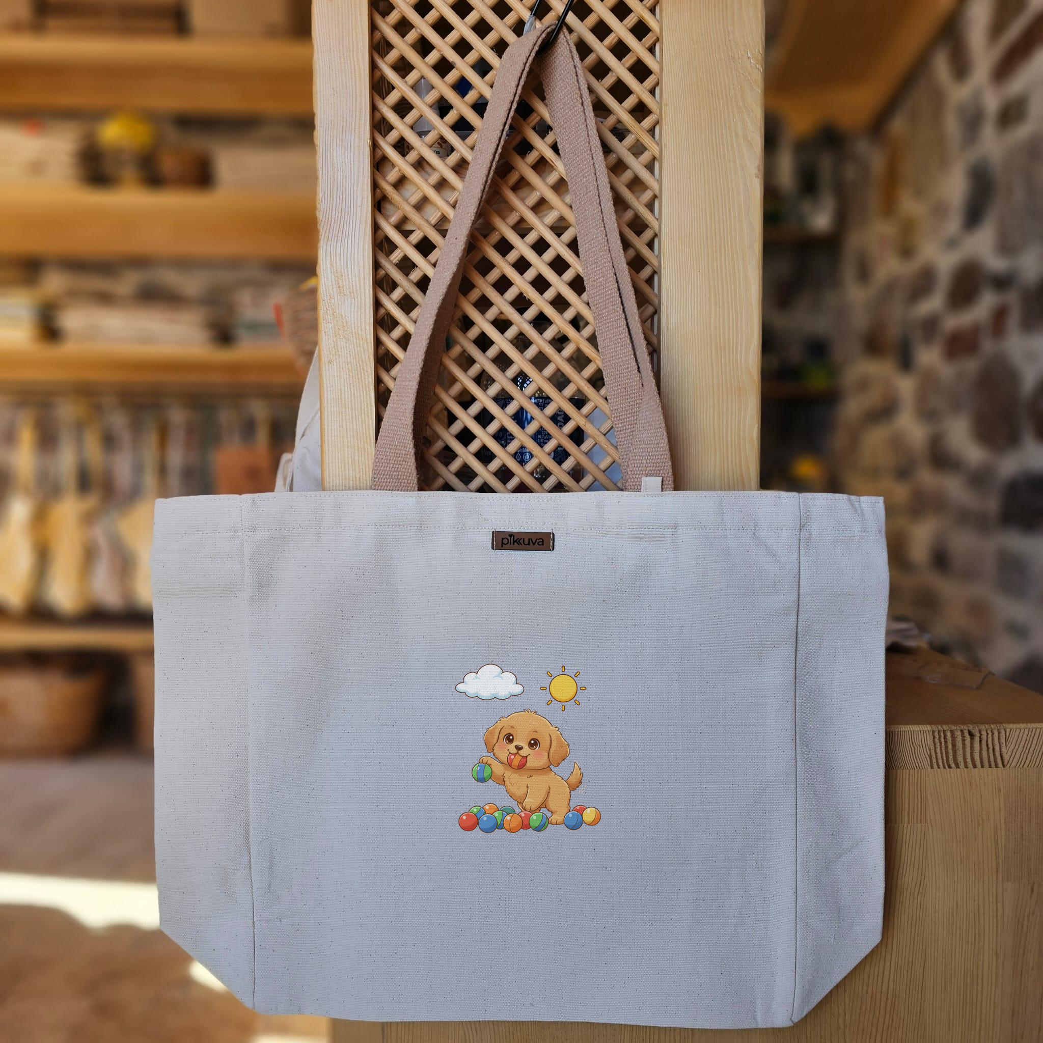 Natural Canvas Tote Bag, Light Brown Handles, White Velcro, Water Bottle Holder