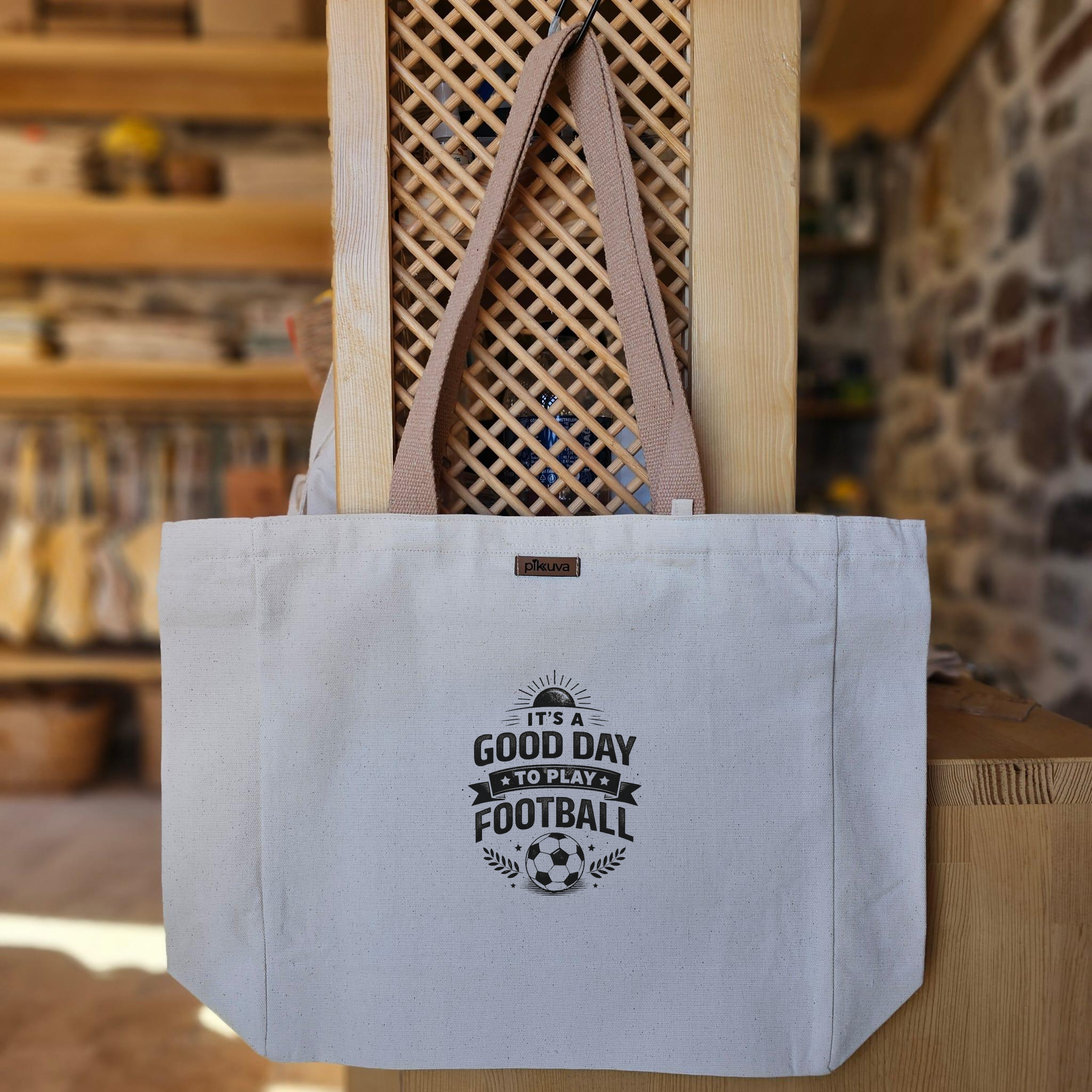 Natural Canvas Tote Bag, Light Brown Handles, White Velcro, Water Bottle Holder