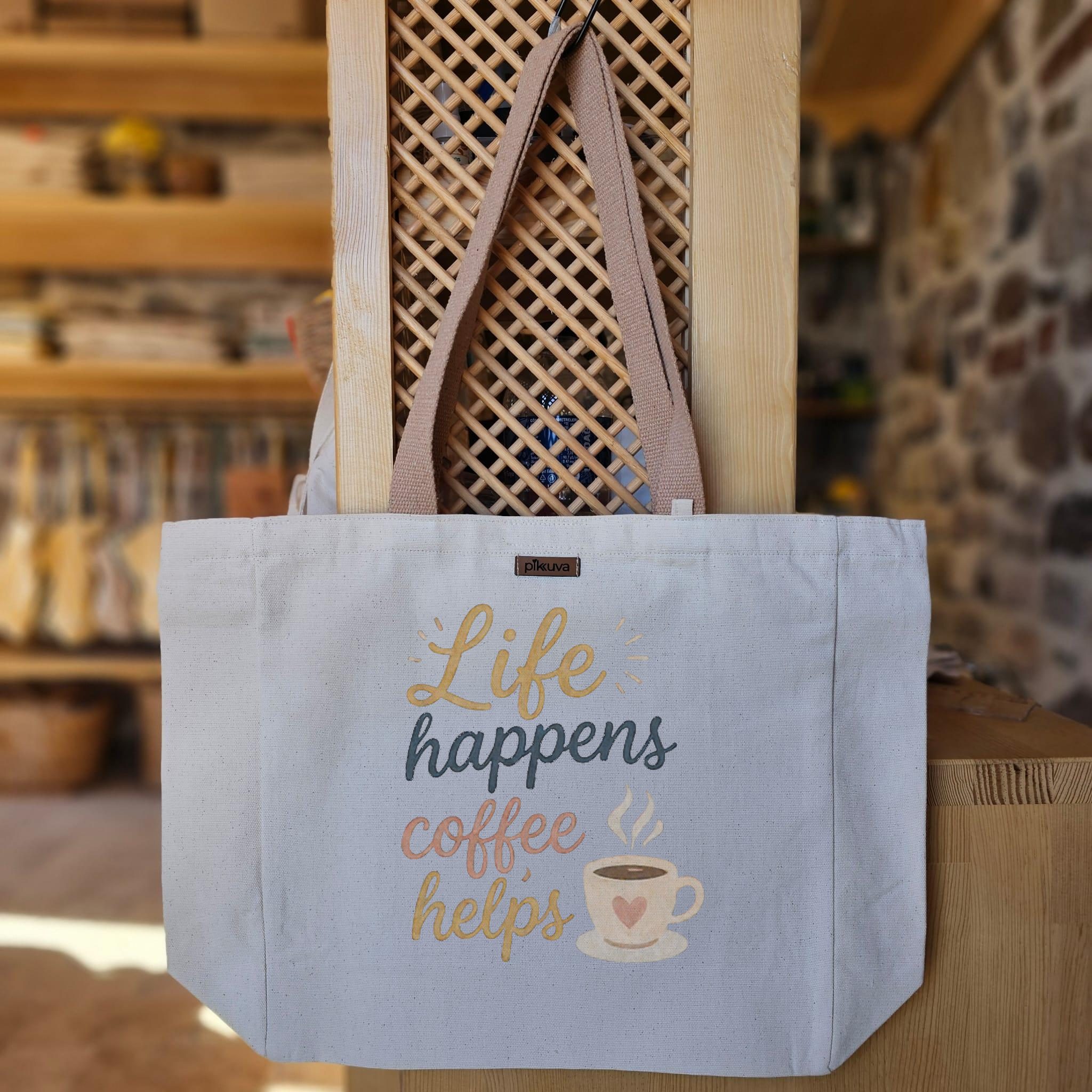 Natural Canvas Tote Bag, Light Brown Handles, White Velcro, Water Bottle Holder