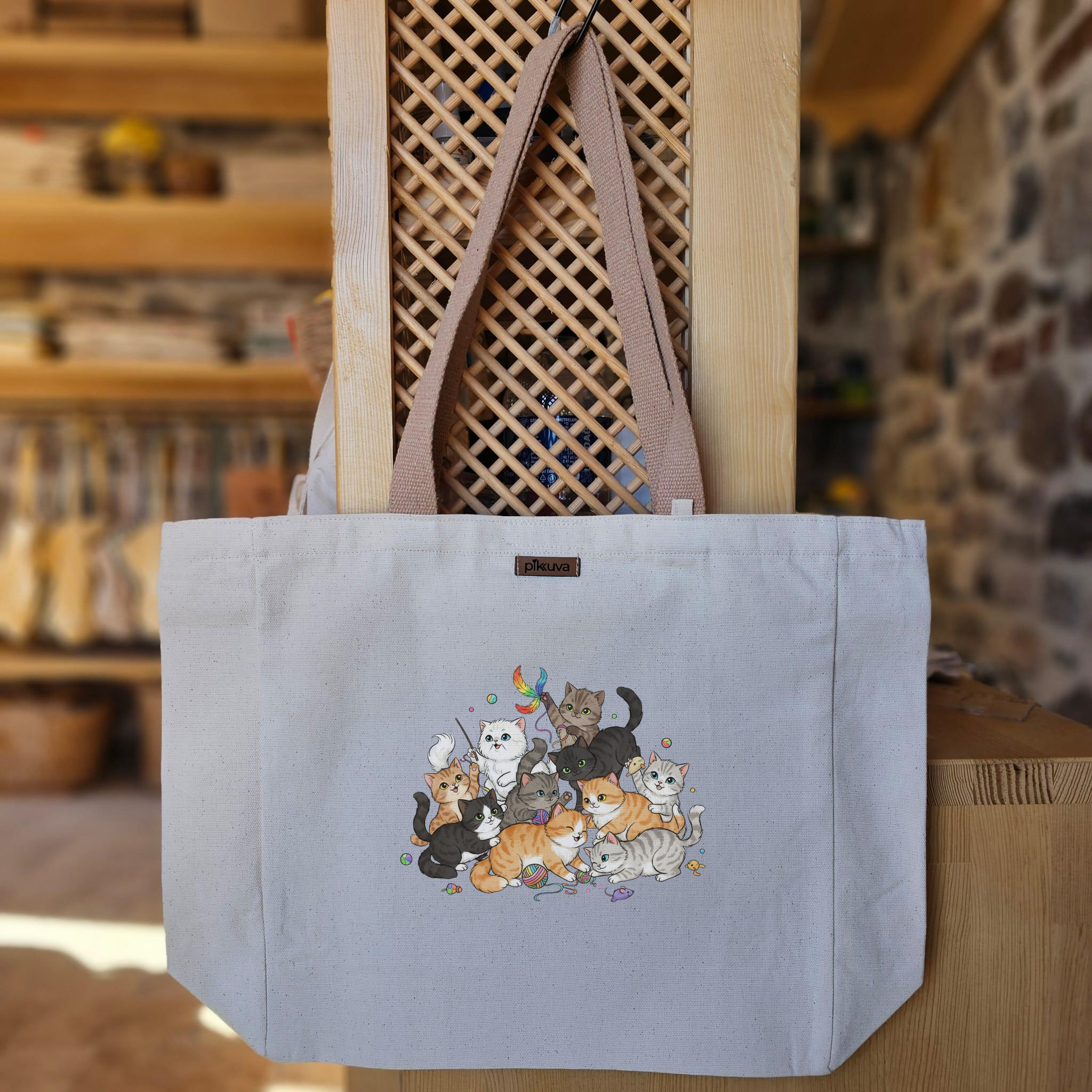 Natural Canvas Tote Bag, Light Brown Handles, White Velcro, Water Bottle Holder — 20x24