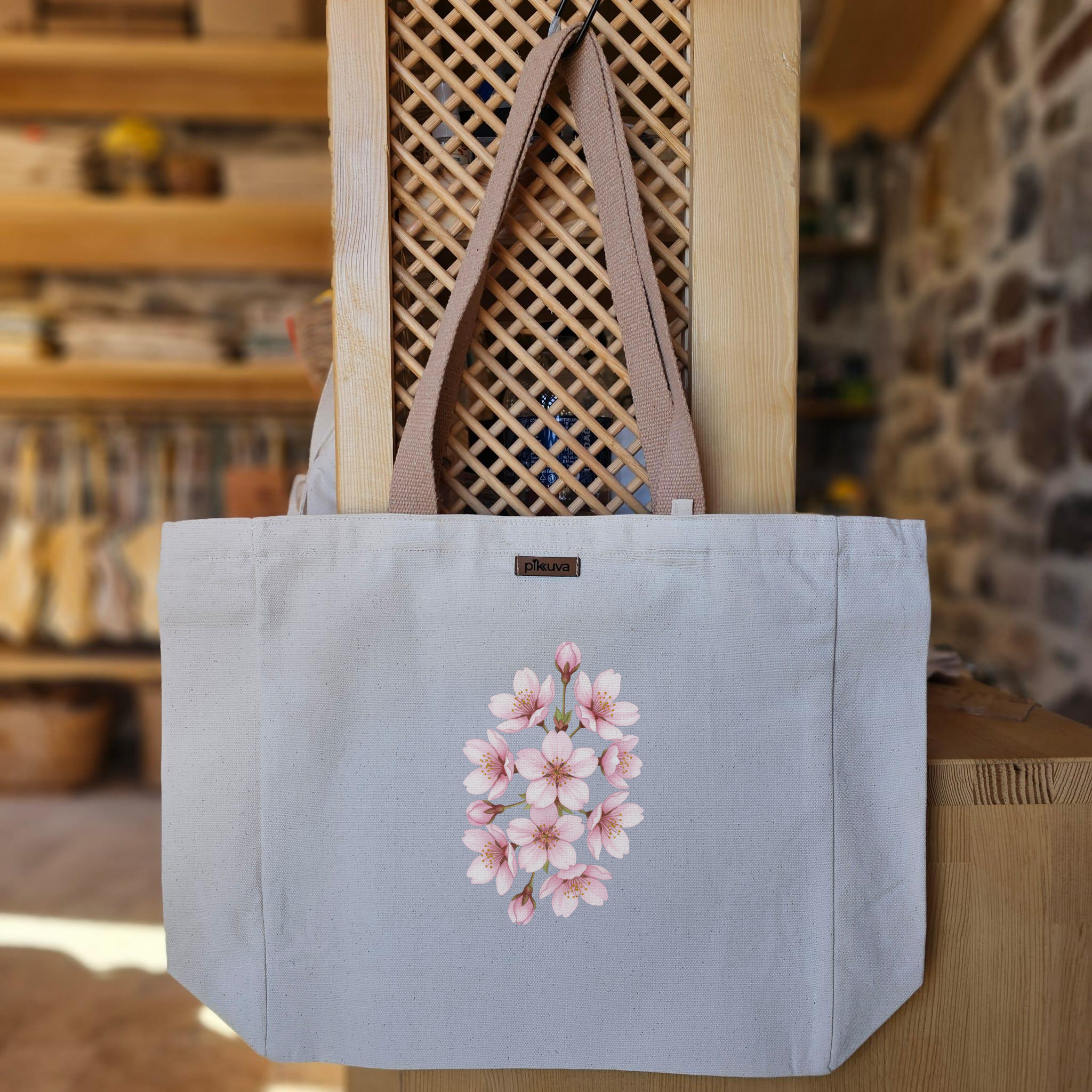 Çiçek Açan Kiraz Dalları Cherry Blossom Branches Baskılı Naturel Kanvas Bez Çanta Açık Kahve Sap Beyaz Cırt Cırtlı Suluk Tutuculu — 12x20