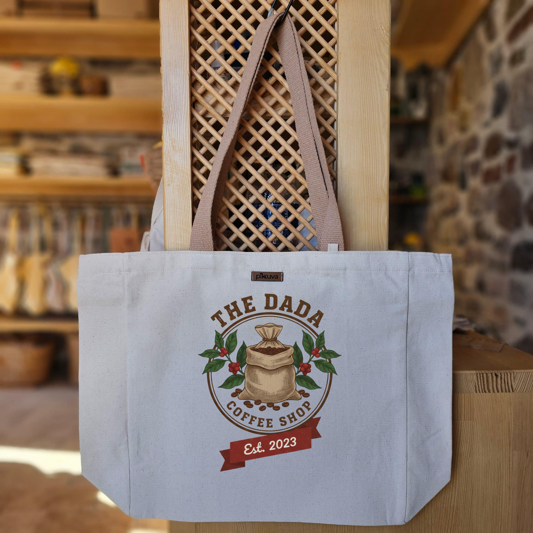 Natural Canvas Tote Bag, Light Brown Handles, White Velcro, Water Bottle Holder — 20x24