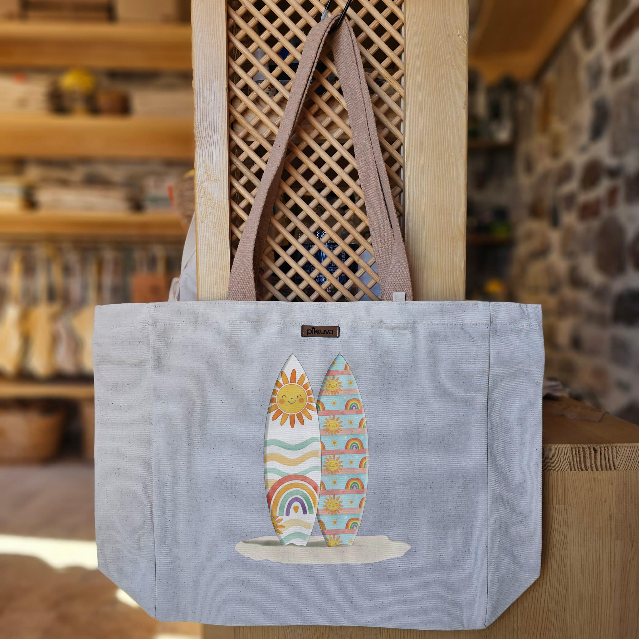 Natural Canvas Tote Bag, Light Brown Handles, White Velcro, Water Bottle Holder — 20x24