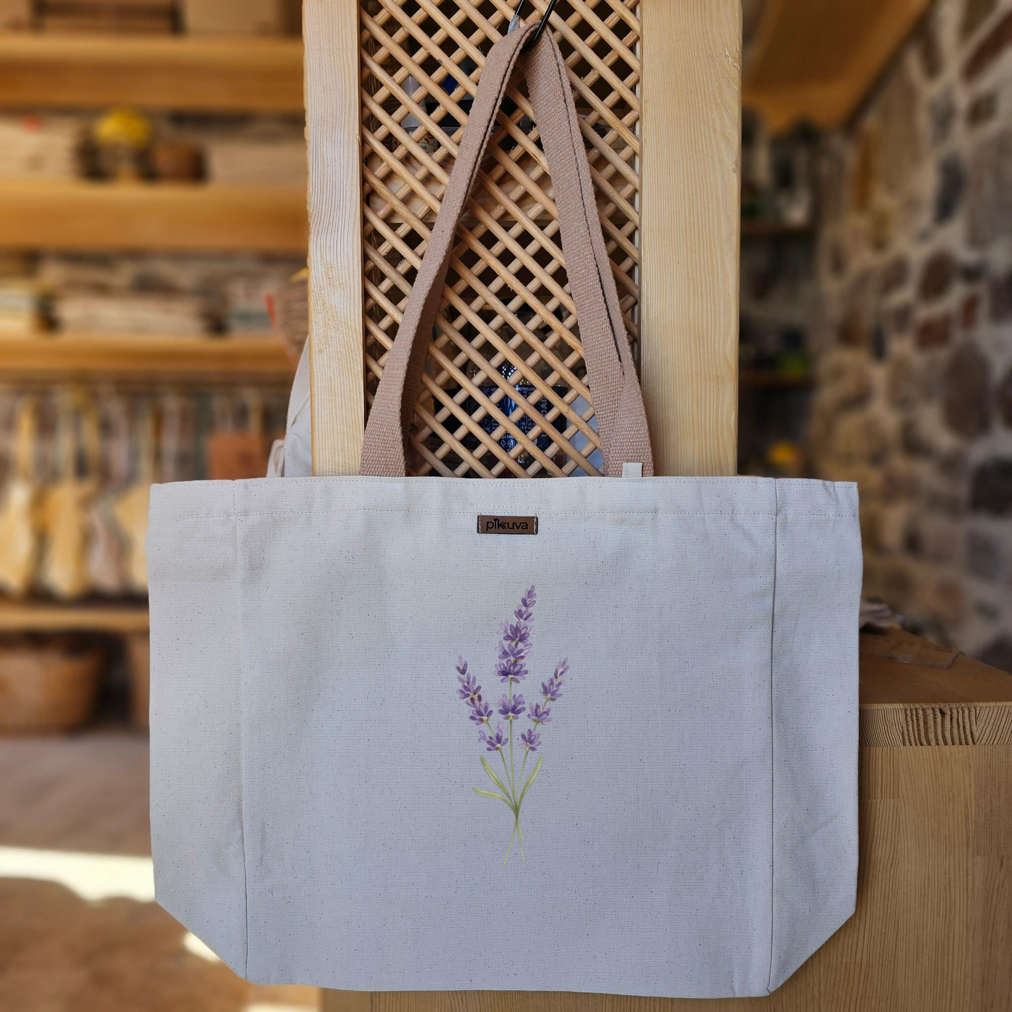 Lavanta Buketi Tasarımı Lavender bouquet design Baskılı Naturel Kanvas Bez Çanta Açık Kahve Sap Beyaz Cırt Cırtlı Suluk Tutuculu — 12x20