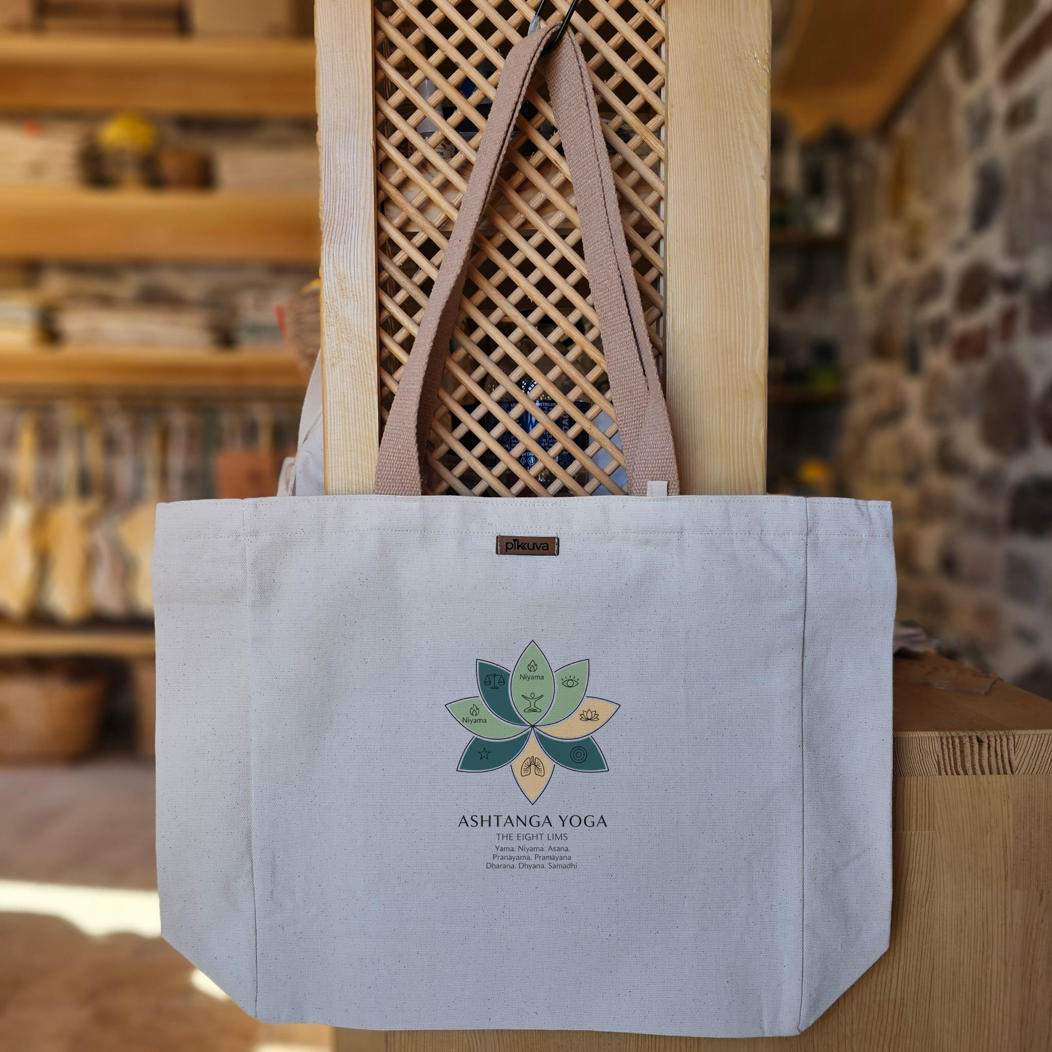 Natural Canvas Tote Bag, Light Brown Handles, White Velcro, Water Bottle Holder — 12x20