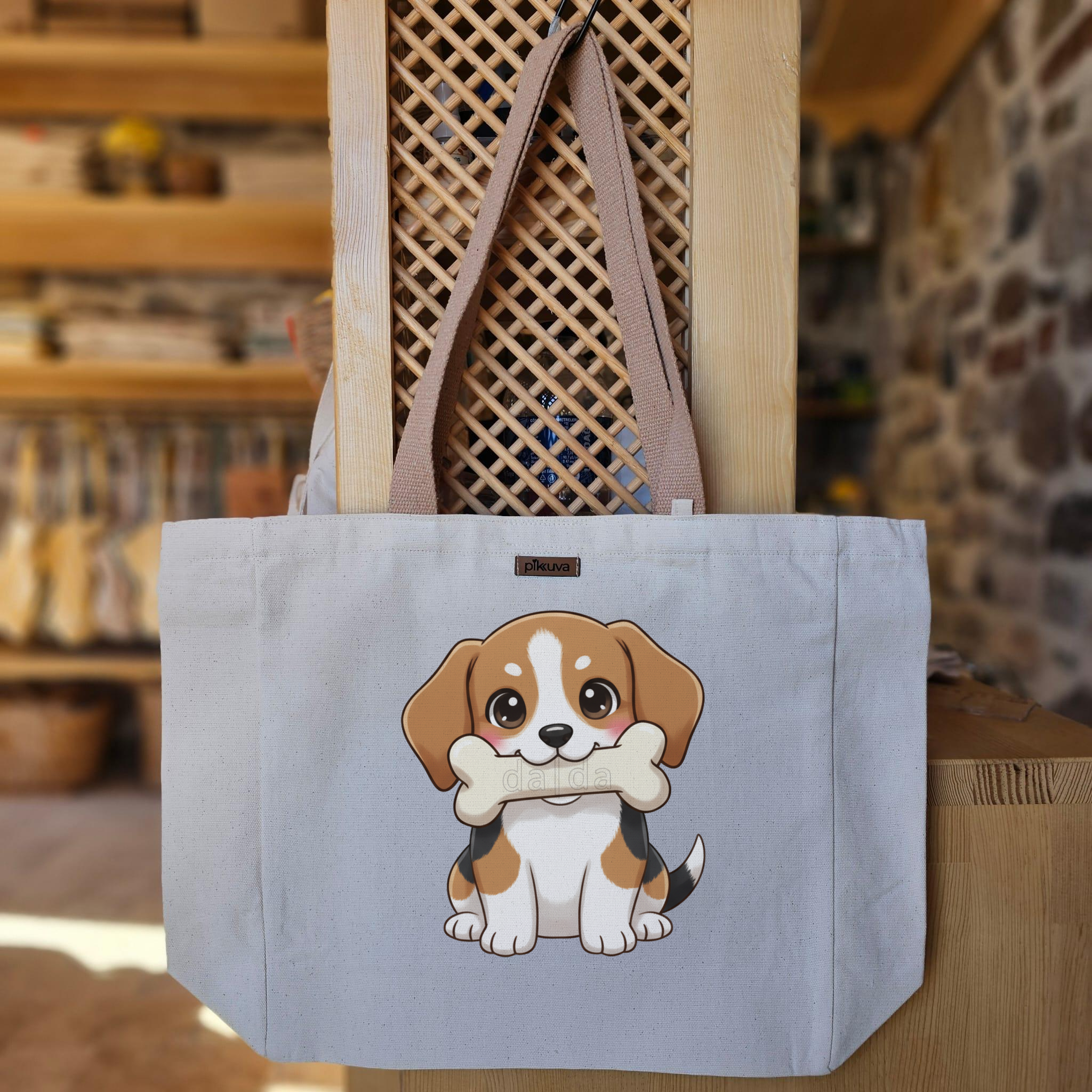 Kemik Tutan Sevimli Köpek Desenli Kanvas Çanta — 20x24
