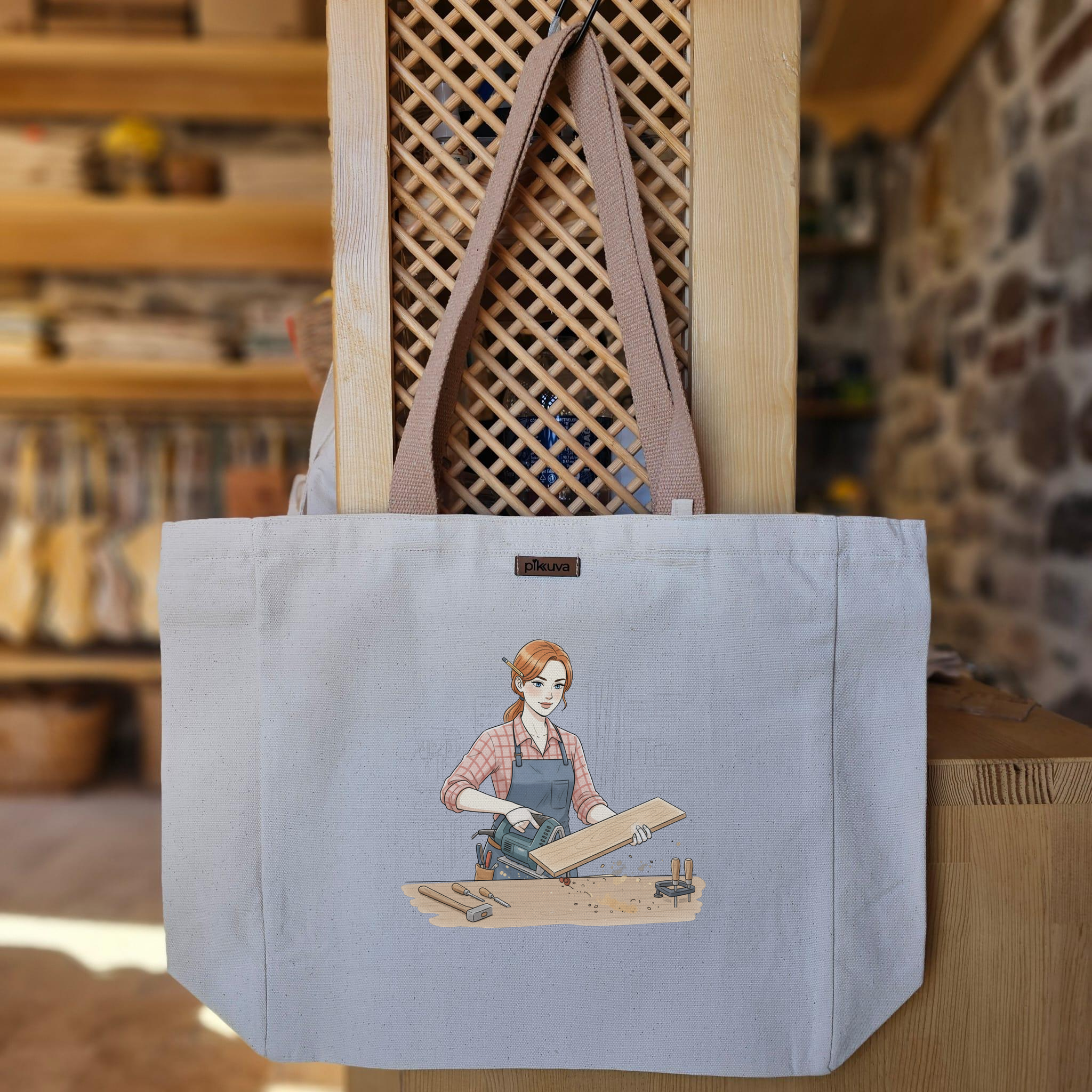 Ahşap İşçiliğiyle Uğraşan Kadın Woodworking Baskılı Naturel Kanvas Bez Çanta Açık Kahve Sap Beyaz Cırt Cırtlı Suluk Tutuculu — 20x24