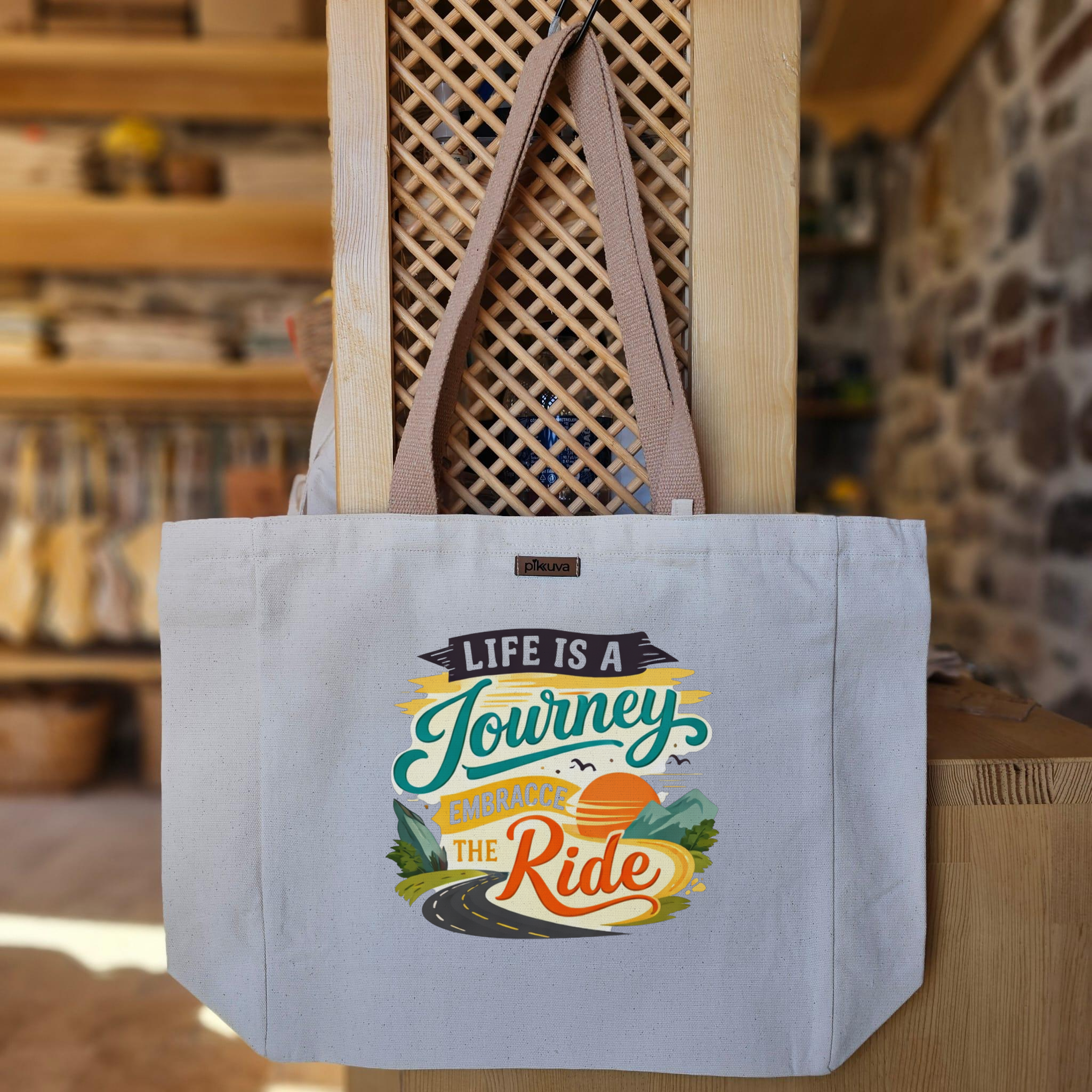 Natural Canvas Tote Bag, Light Brown Handles, White Velcro, Water Bottle Holder