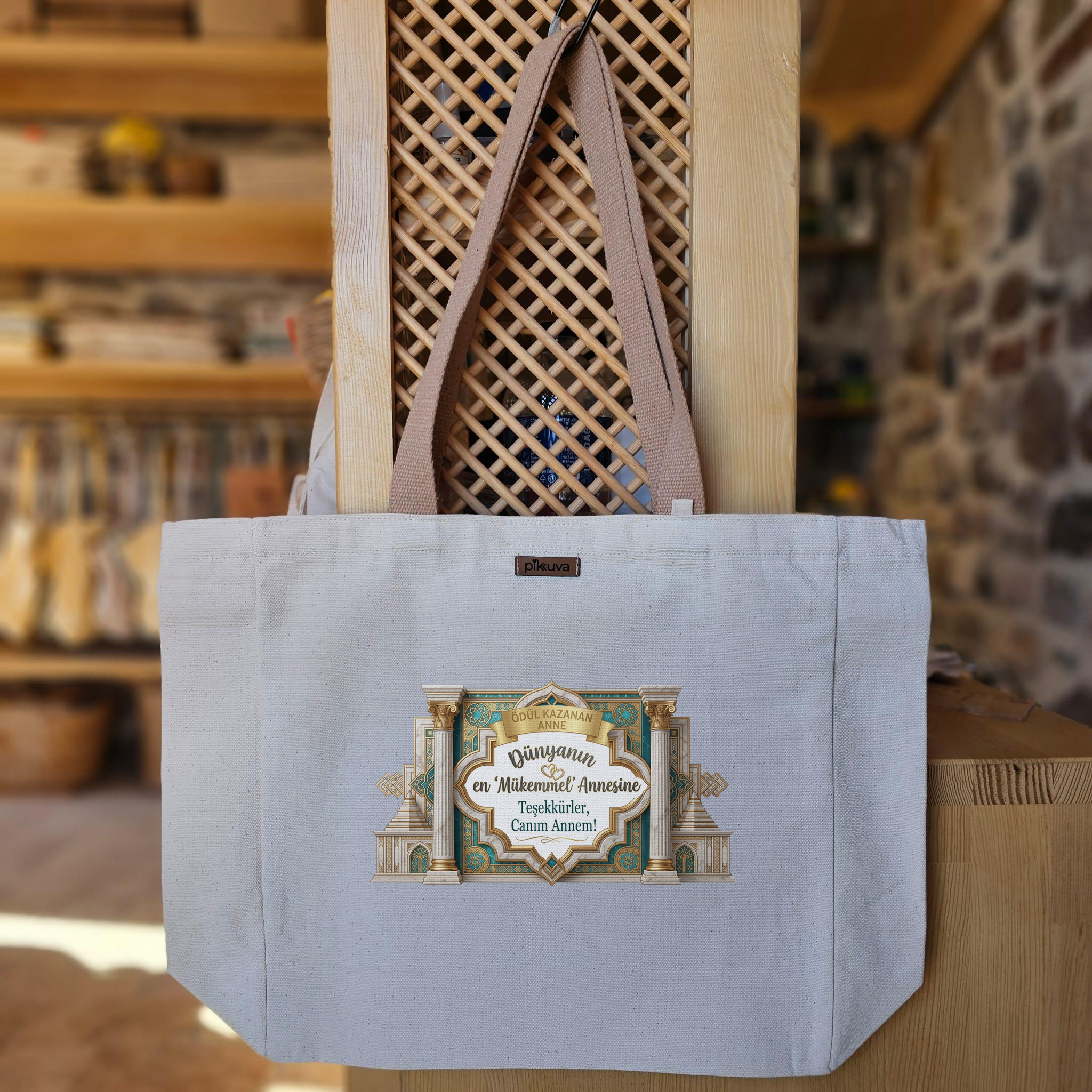 Natural Canvas Tote Bag, Light Brown Handles, White Velcro, Water Bottle Holder — 24x20