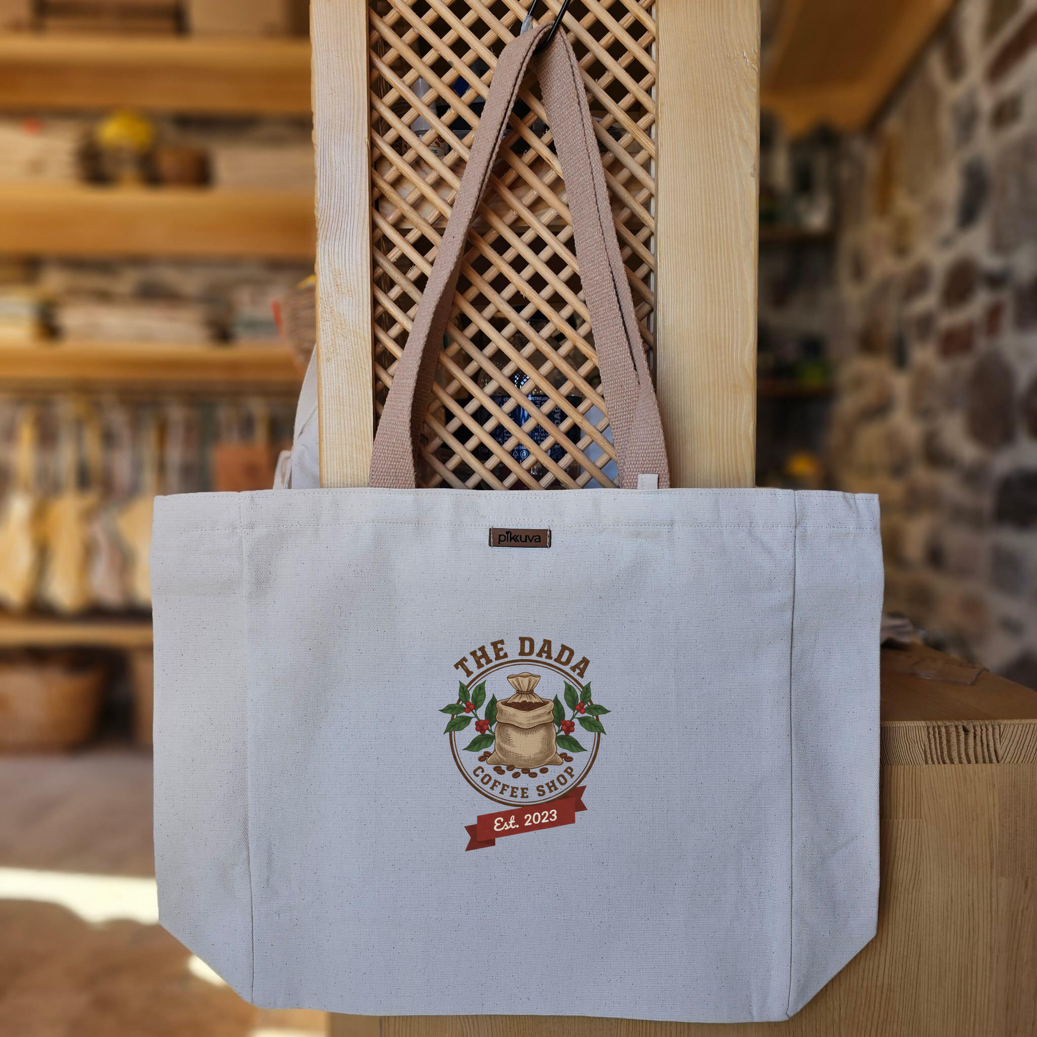 Natural Canvas Tote Bag, Light Brown Handles, White Velcro, Water Bottle Holder — 12x20
