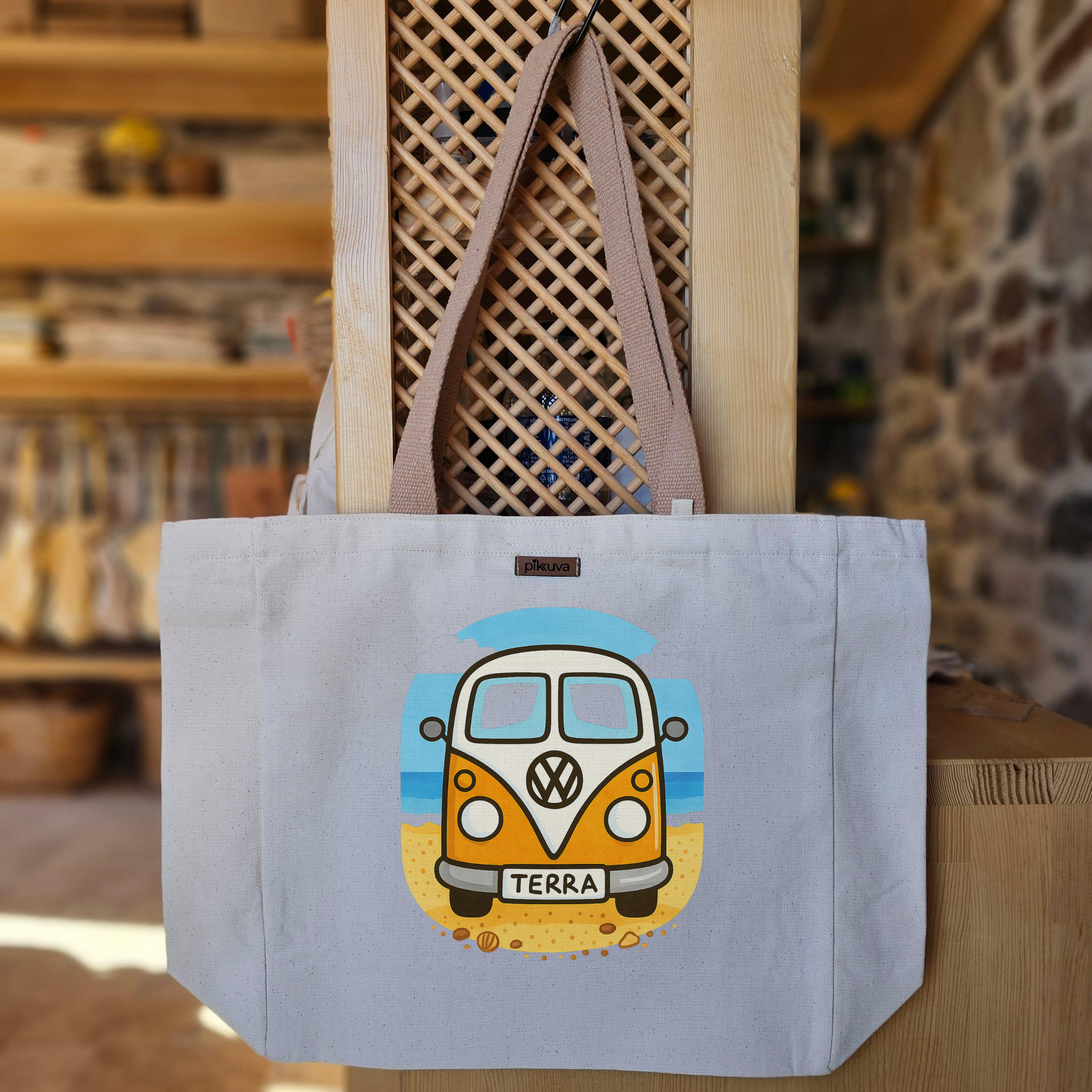 Natural Canvas Tote Bag, Light Brown Handles, White Velcro, Water Bottle Holder — 20x24