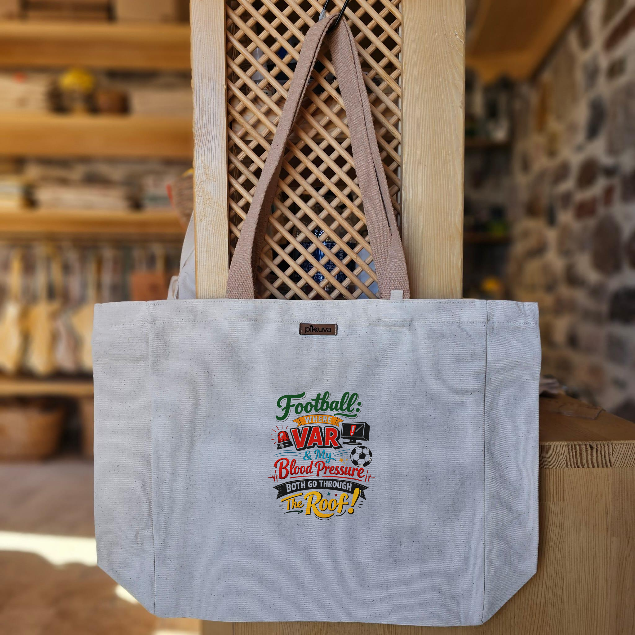 Natural Canvas Tote Bag, Light Brown Handles, White Velcro, Water Bottle Holder