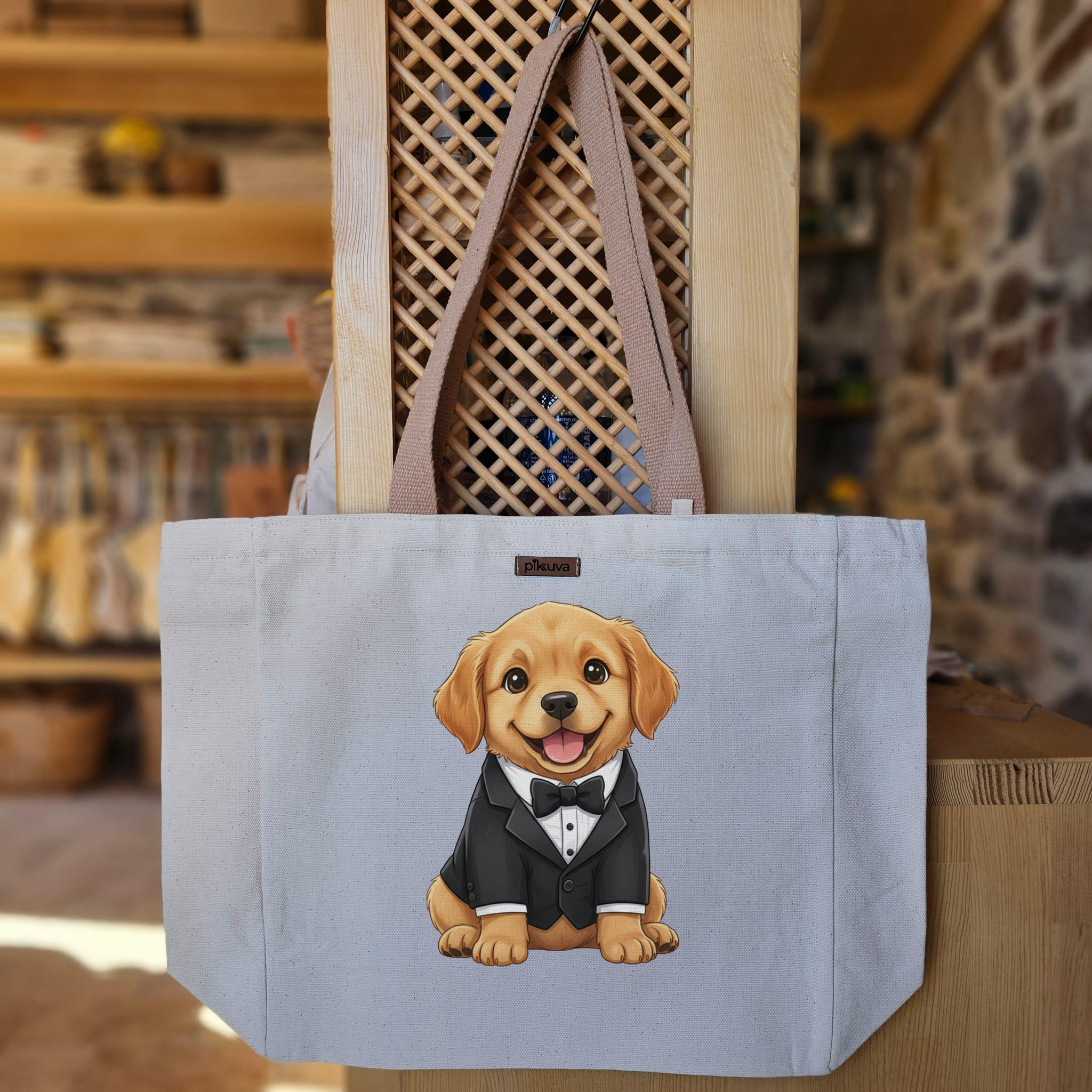 Şık Tuxedo ile Gülümseyen Yavru Köpek Baskılı Naturel Kanvas Bez Çanta Açık Kahve Sap Beyaz Cırt Cırtlı Suluk Tutuculu — 20x24
