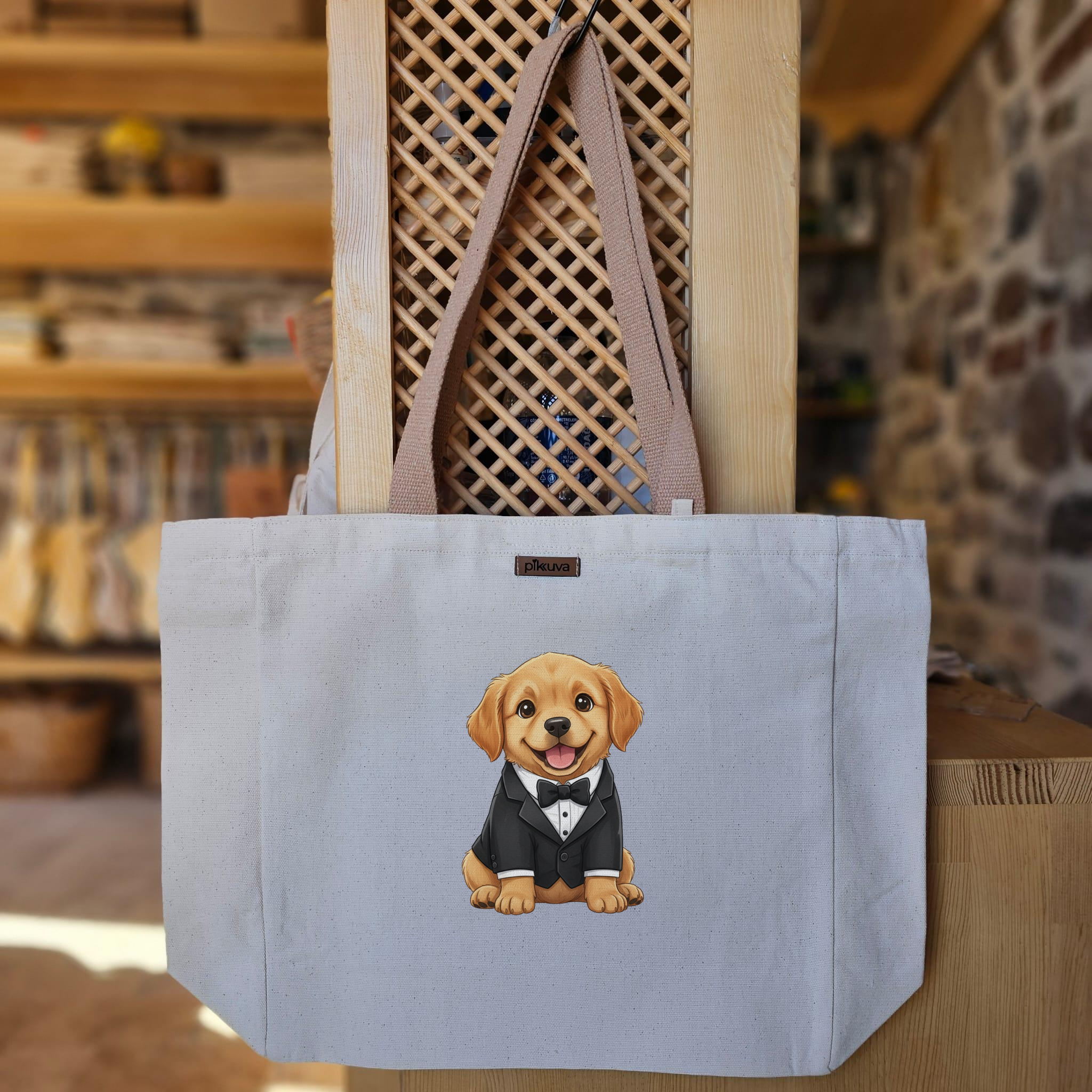 Şık Tuxedo ile Gülümseyen Yavru Köpek Baskılı Naturel Kanvas Bez Çanta Açık Kahve Sap Beyaz Cırt Cırtlı Suluk Tutuculu — 12x20