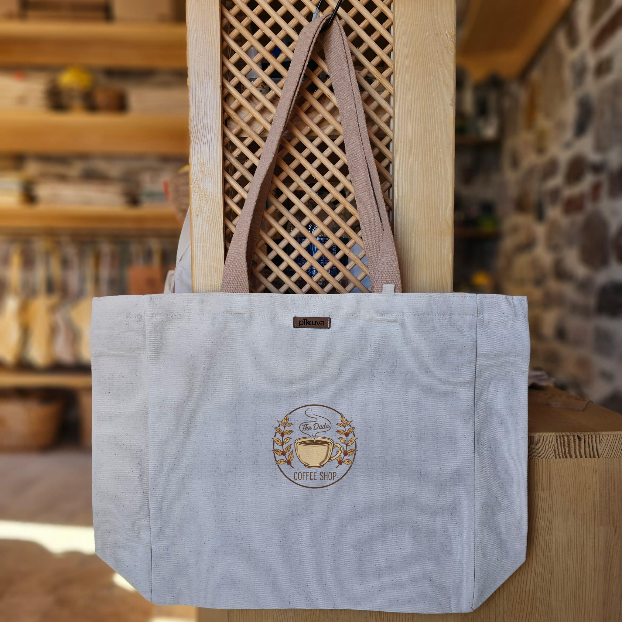 Natural Canvas Tote Bag, Light Brown Handles, White Velcro, Water Bottle Holder