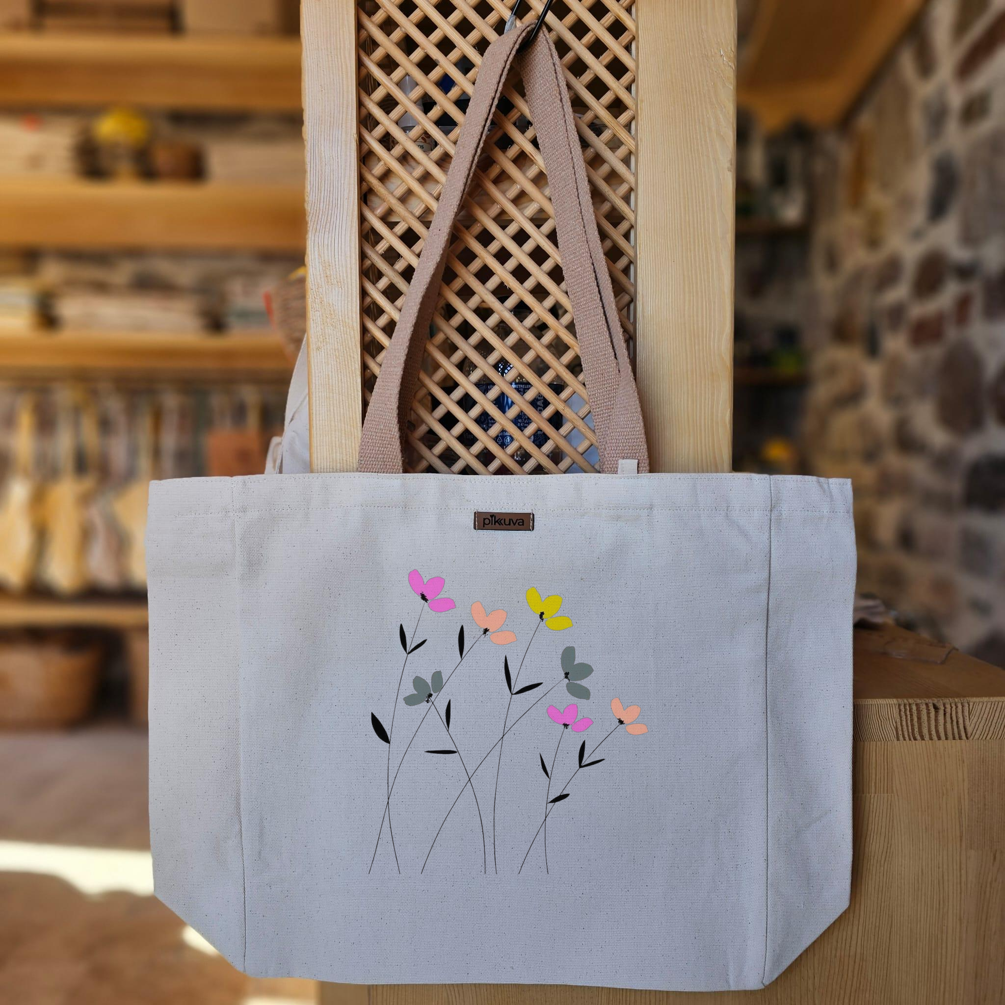 Natural Canvas Tote Bag, Light Brown Handles, White Velcro, Water Bottle Holder — 20x24