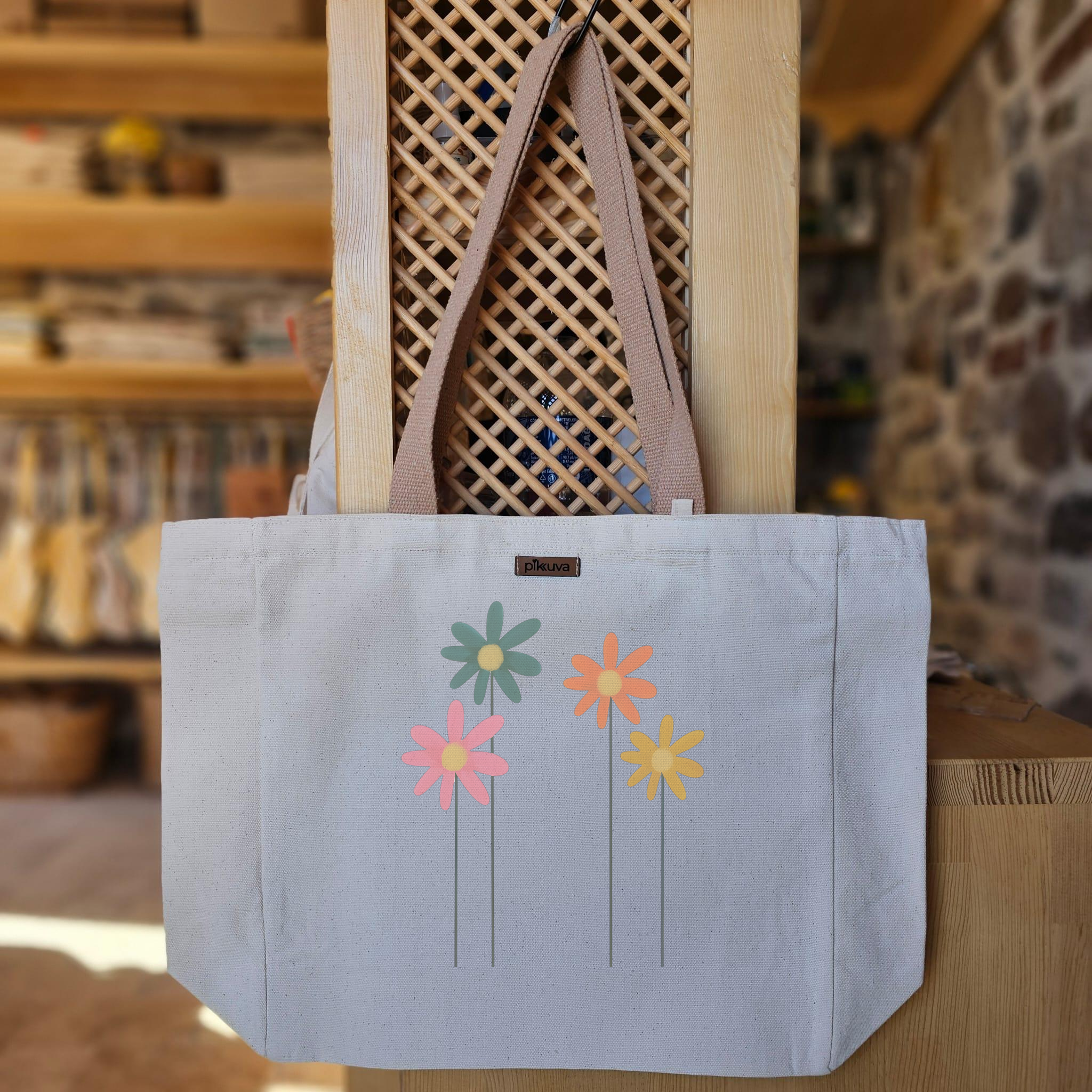 Natural Canvas Tote Bag, Light Brown Handles, White Velcro, Water Bottle Holder — 20x24