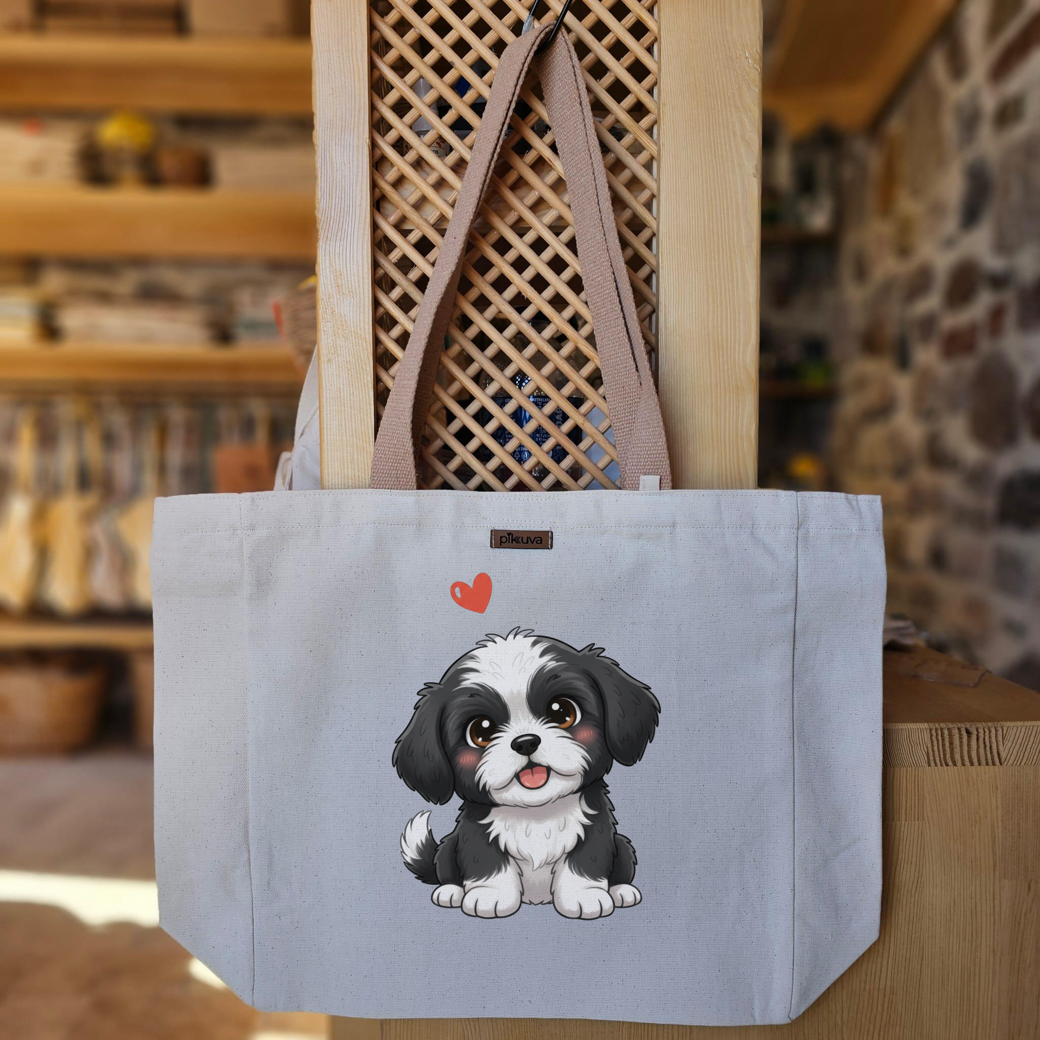 Kanvas Bez Çanta - Sevimli Yavru Köpek ve Kalp — 20x24