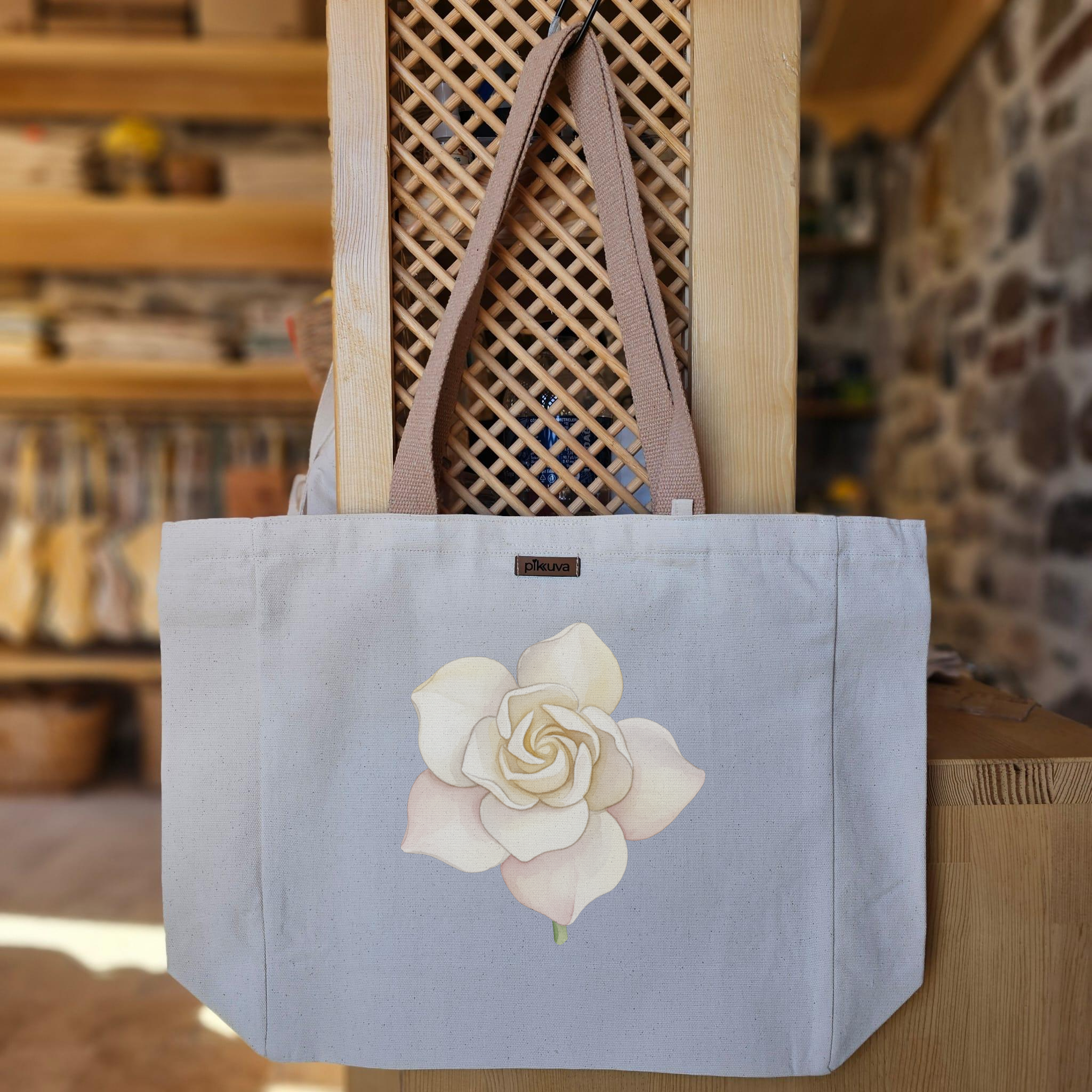 Natural Canvas Tote Bag, Light Brown Handles, White Velcro, Water Bottle Holder — 20x24