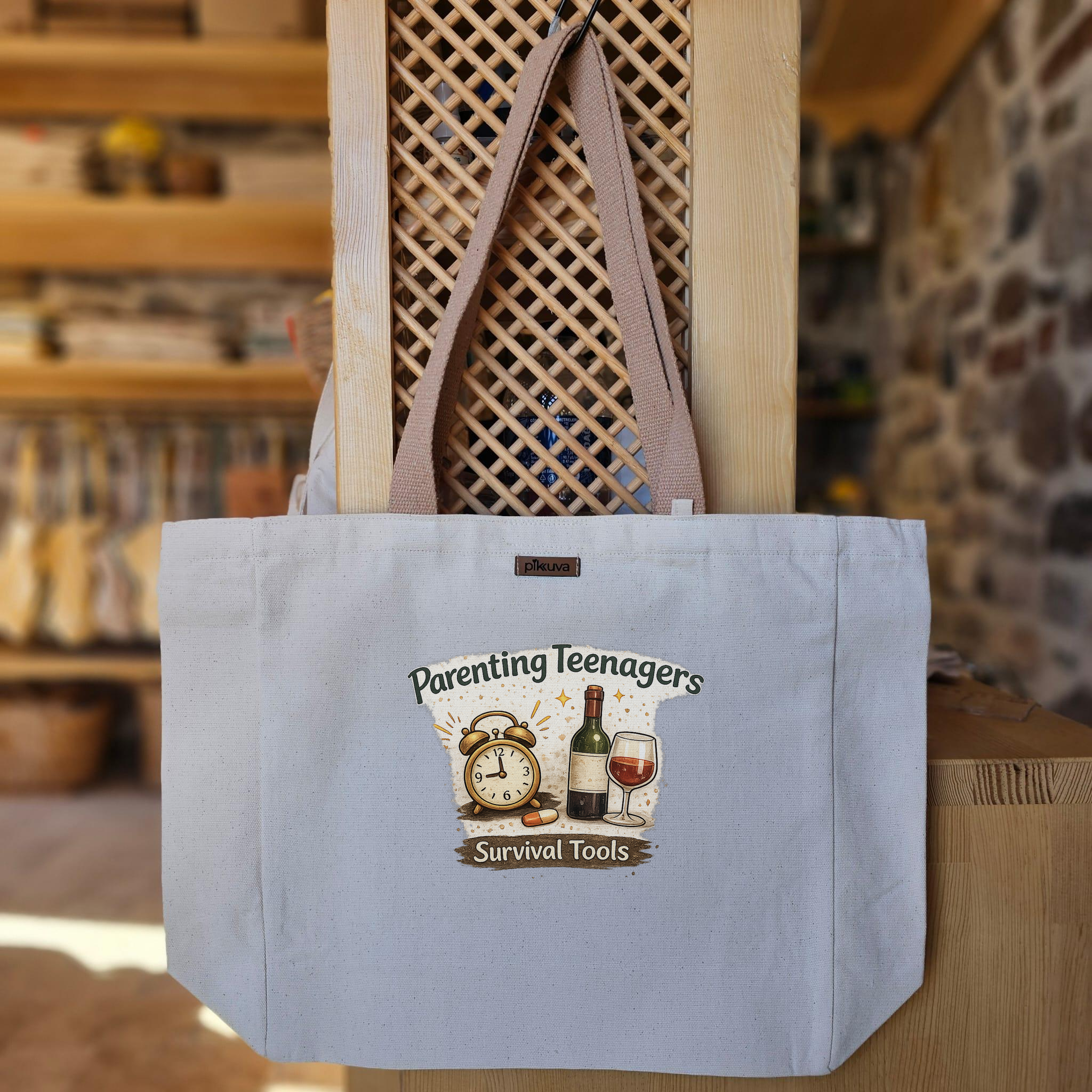 Natural Canvas Tote Bag, Light Brown Handles, White Velcro, Water Bottle Holder — 20x24
