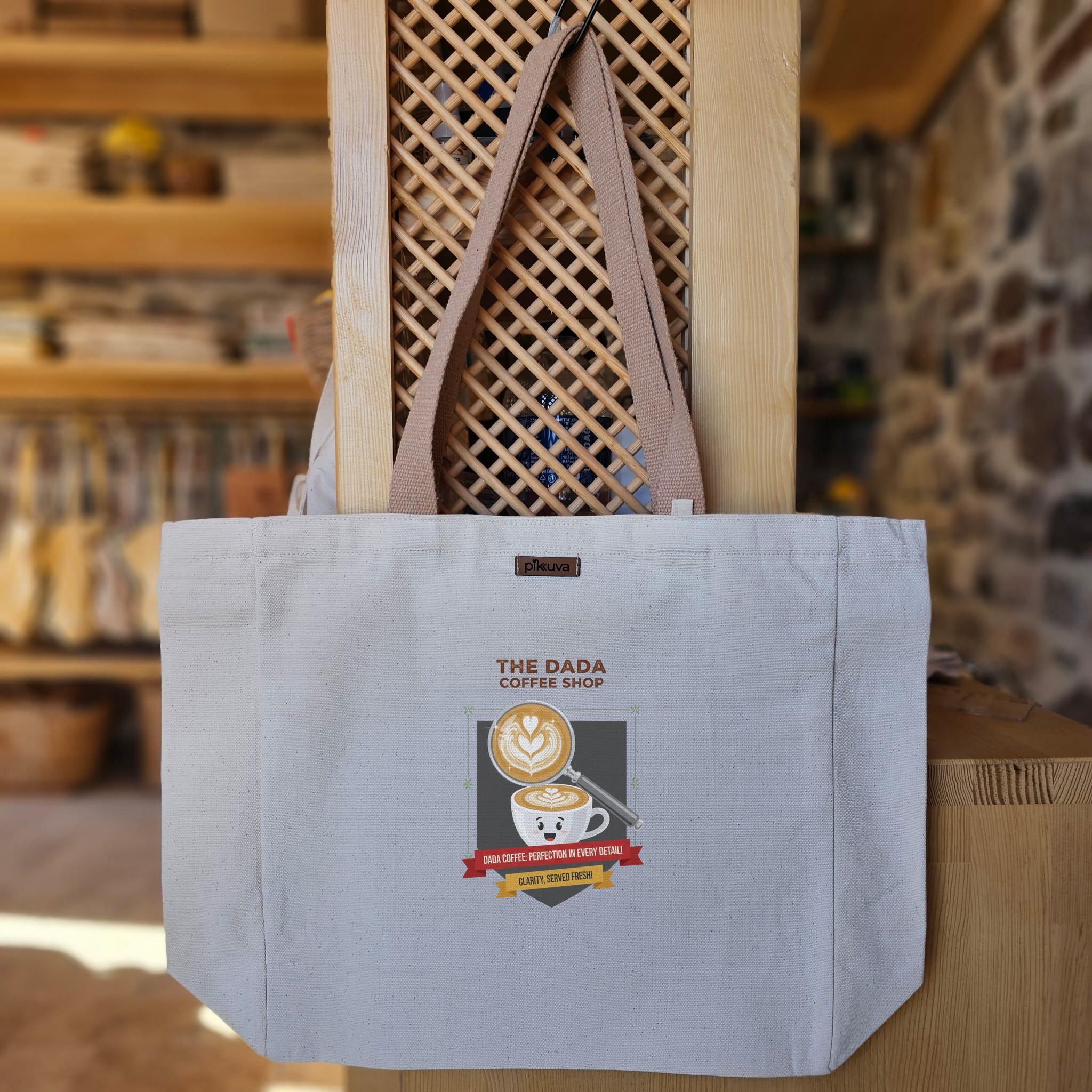 Natural Canvas Tote Bag, Light Brown Handles, White Velcro, Water Bottle Holder — 12x20