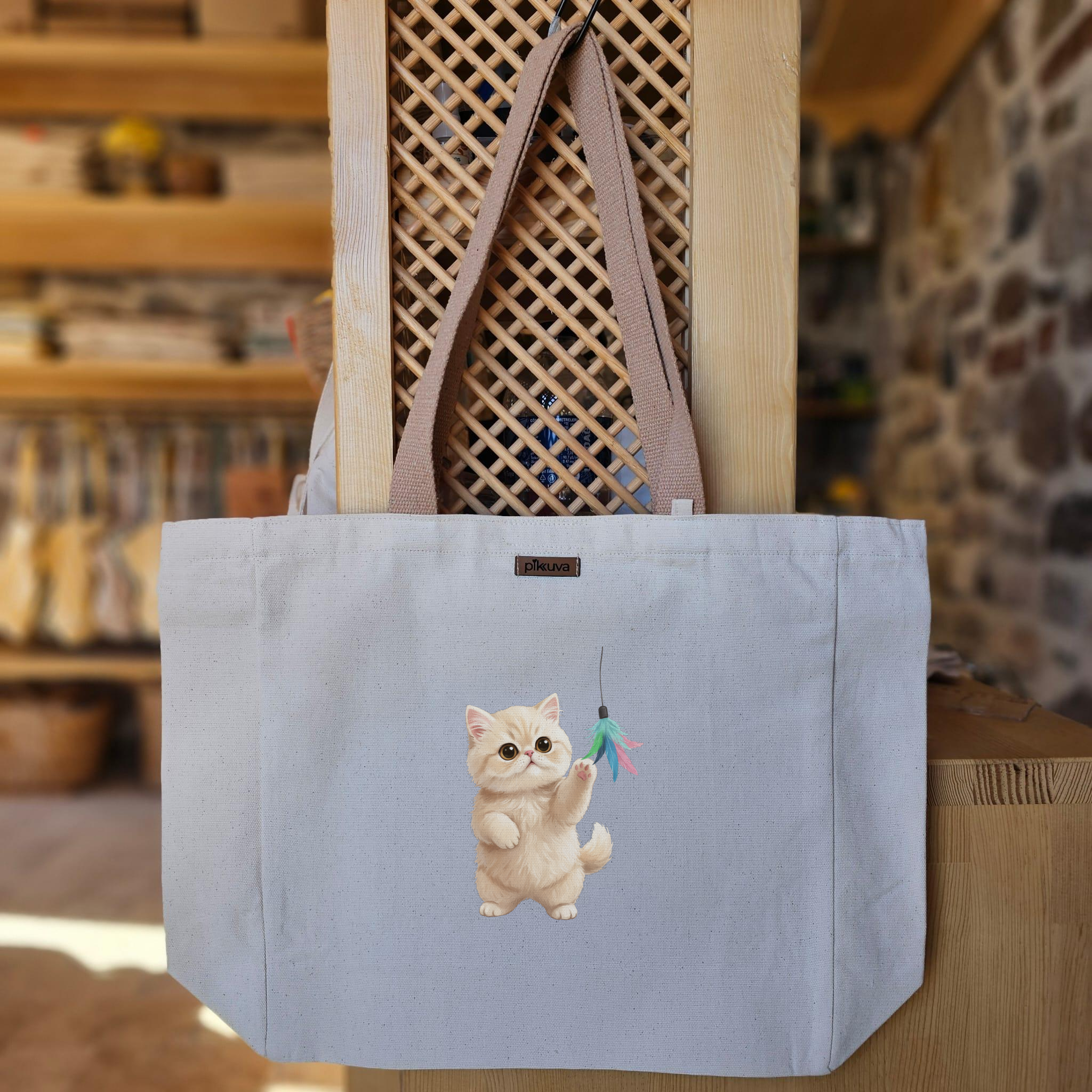 Oynayan Kedi Figürü Playing Cat Figure Baskılı Naturel Kanvas Bez Çanta Açık Kahve Sap Beyaz Cırt Cırtlı Suluk Tutuculu — 12x20