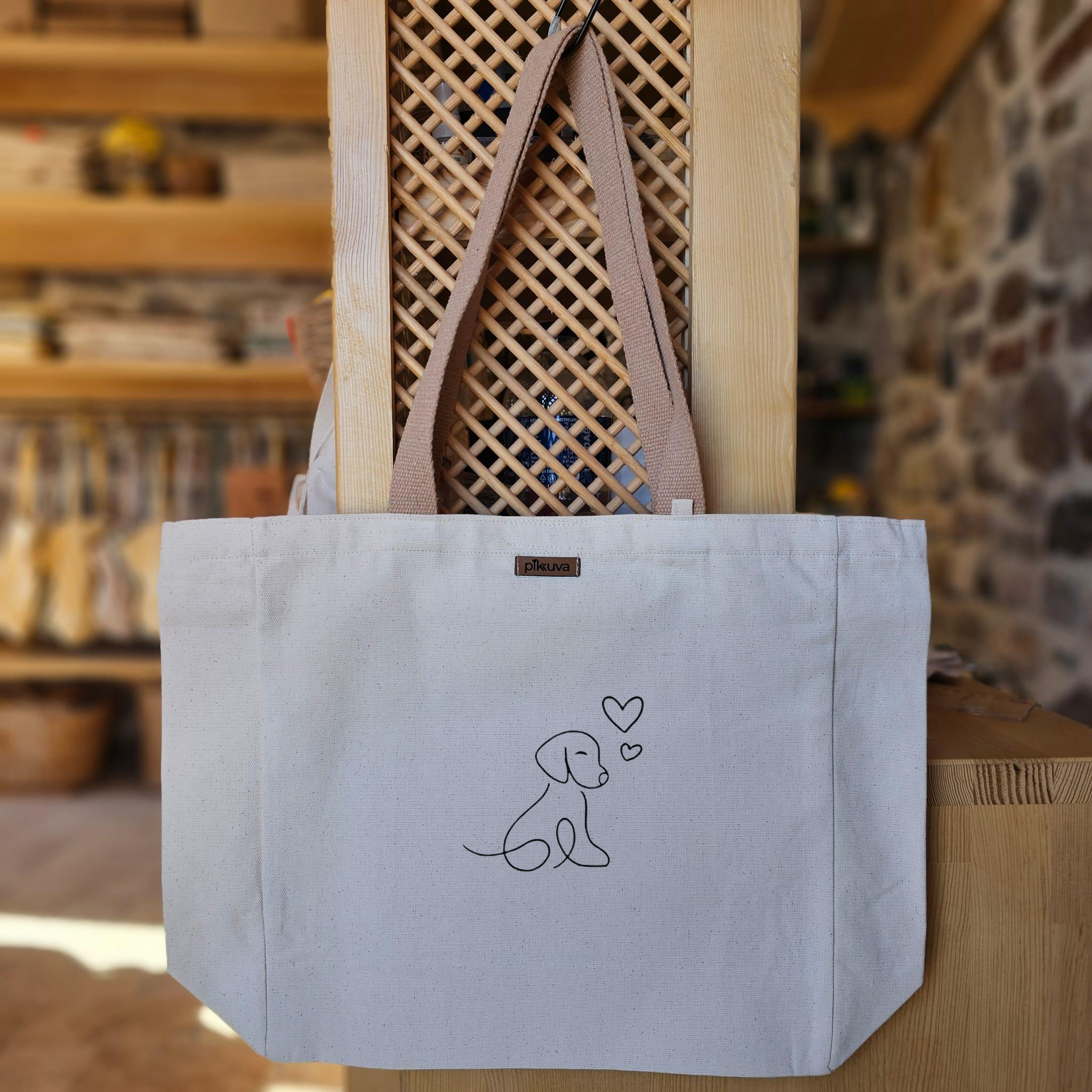 Sevimli Köpek ve Kalp Desenli Naturel Kanvas Çanta — 12x20