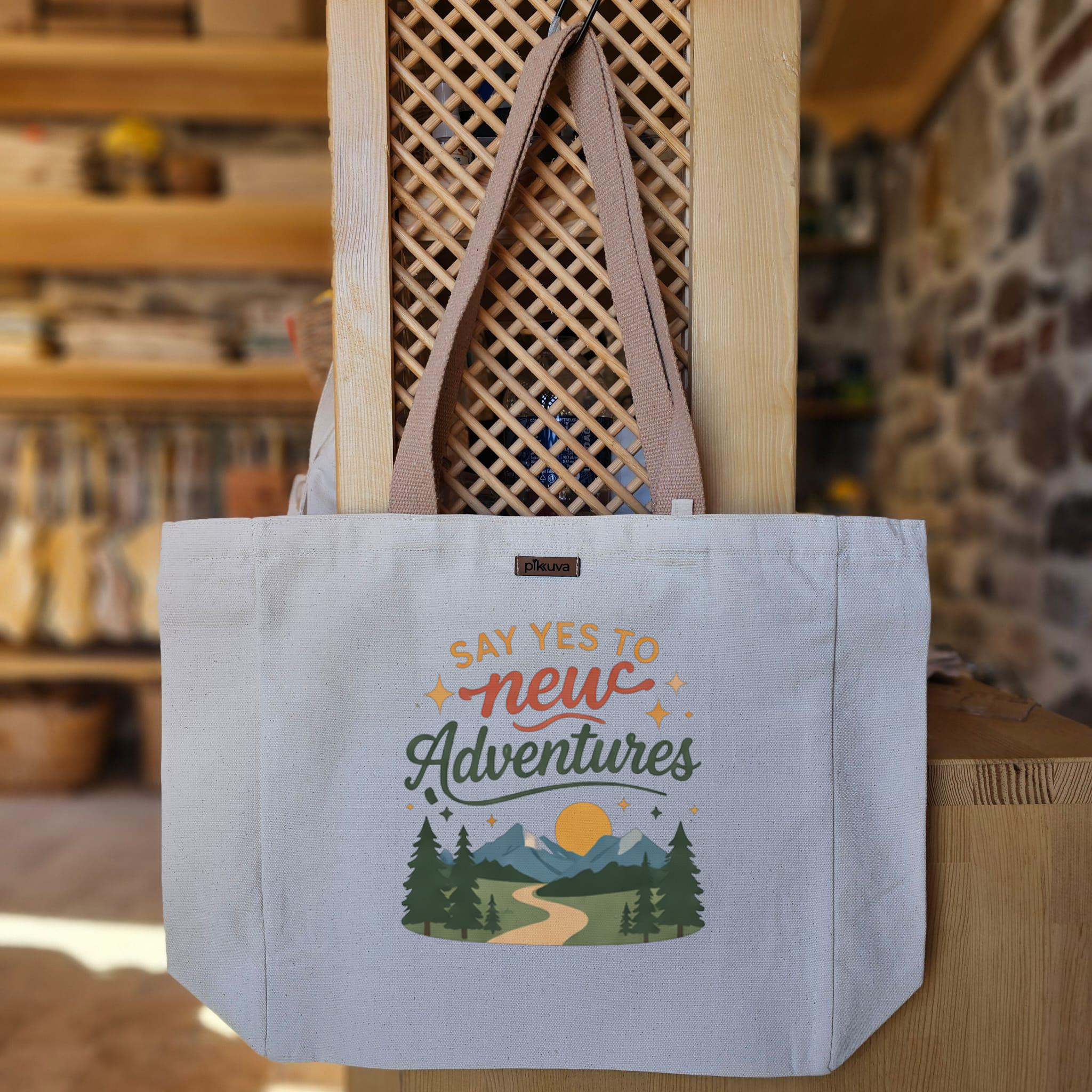 Natural Canvas Tote Bag, Light Brown Handles, White Velcro, Water Bottle Holder