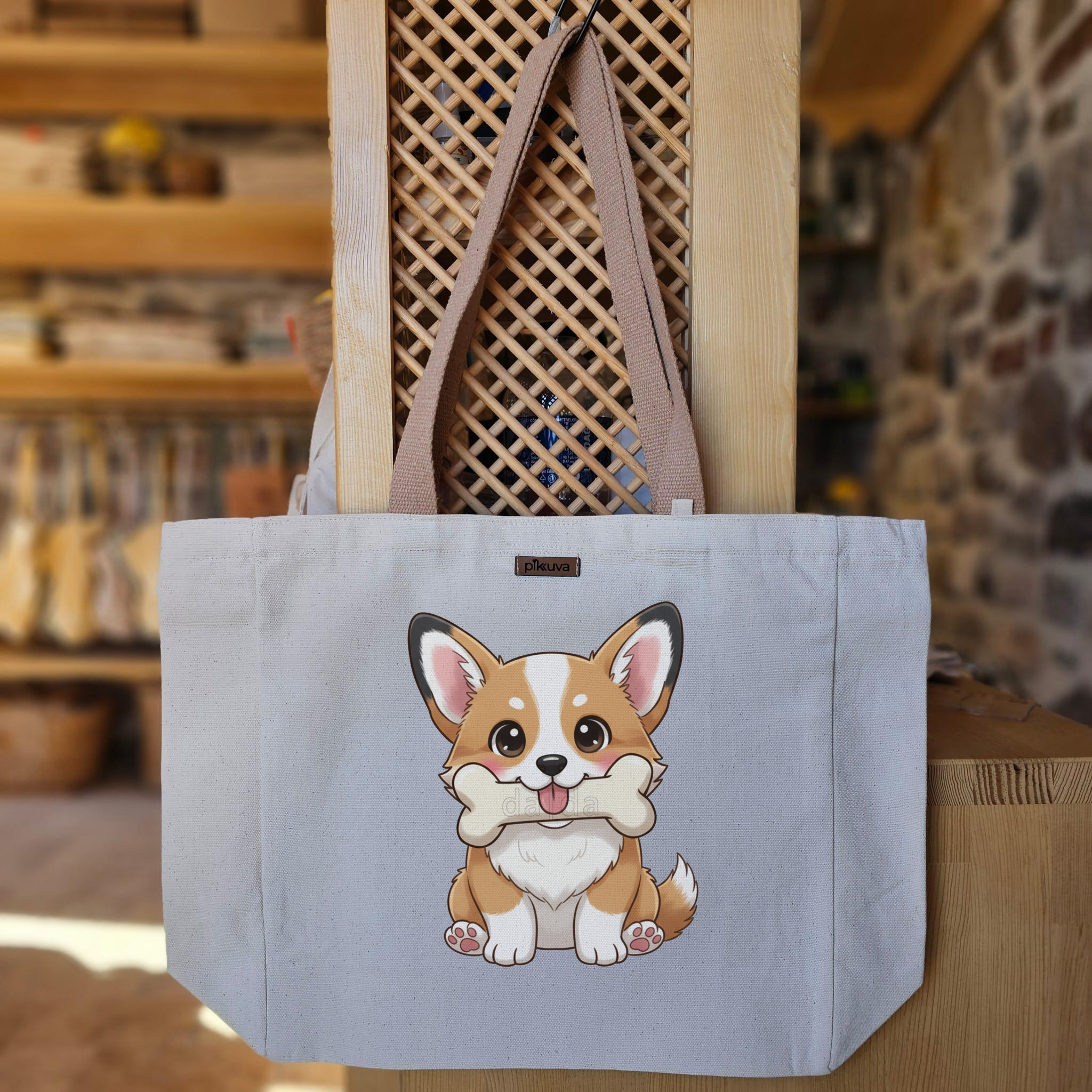Sevimli Corgi ile Kemik Cute with a bone Baskılı Naturel Kanvas Bez Çanta Açık Kahve Sap Beyaz Cırt Cırtlı Suluk Tutuculu — 20x24