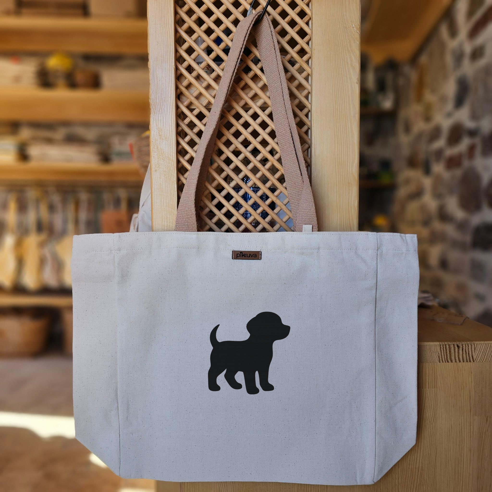Sevimli Köpek Silueti Cute dog silhouette Baskılı Naturel Kanvas Bez Çanta Açık Kahve Sap Beyaz Cırt Cırtlı Suluk Tutuculu — 12x20