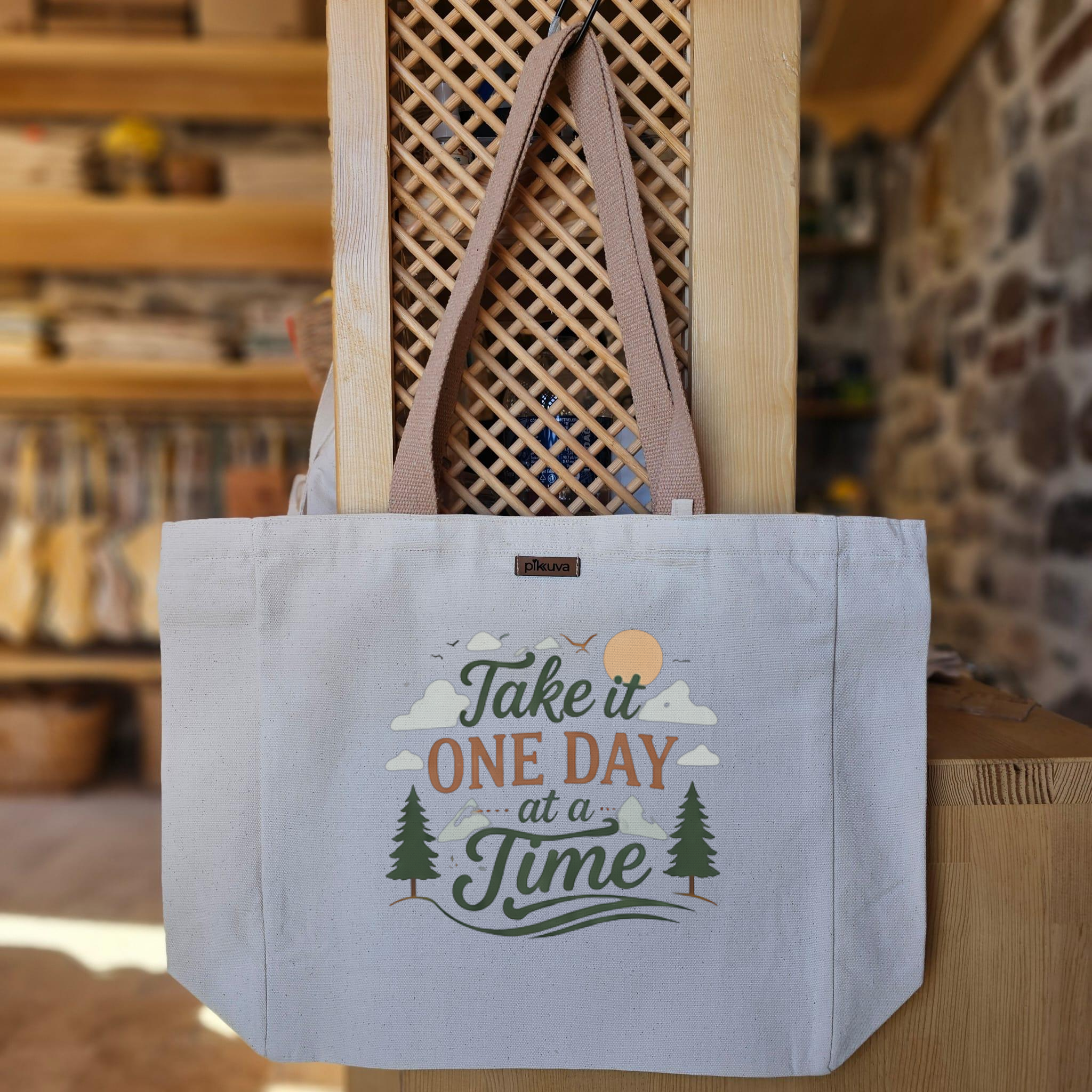 Natural Canvas Tote Bag, Light Brown Handles, White Velcro, Water Bottle Holder