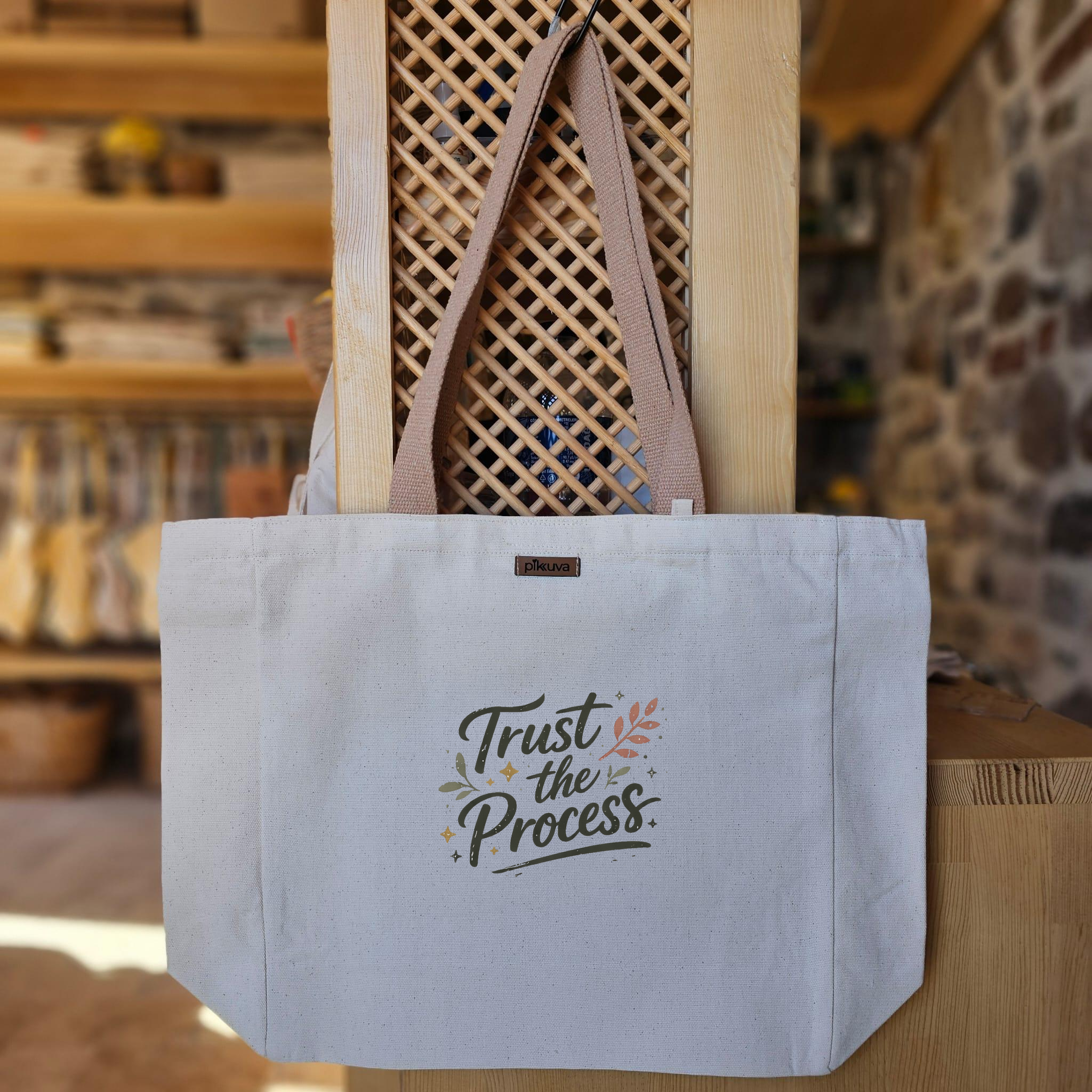 Natural Canvas Tote Bag, Light Brown Handles, White Velcro, Water Bottle Holder