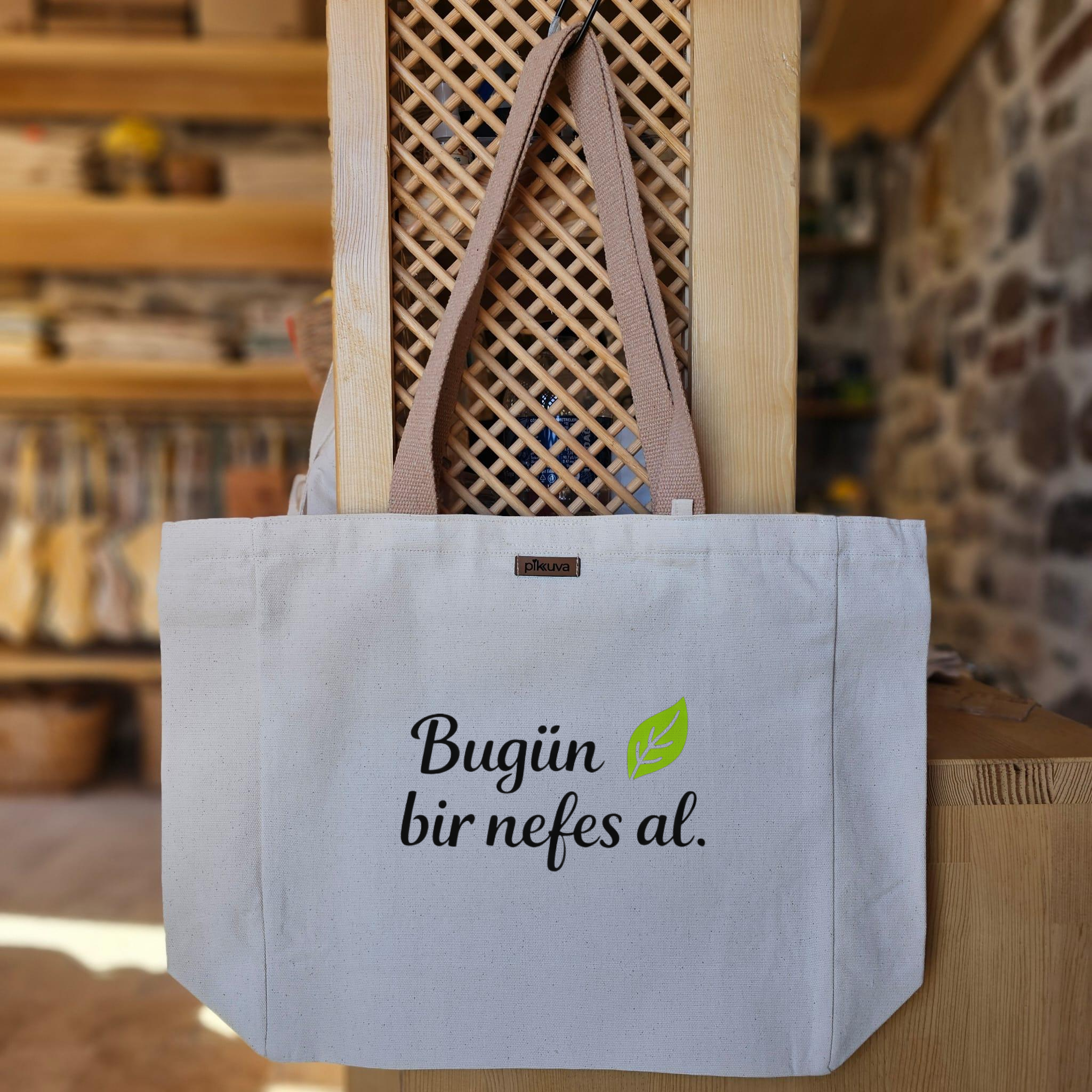 Natural Canvas Tote Bag, Light Brown Handles, White Velcro, Water Bottle Holder
