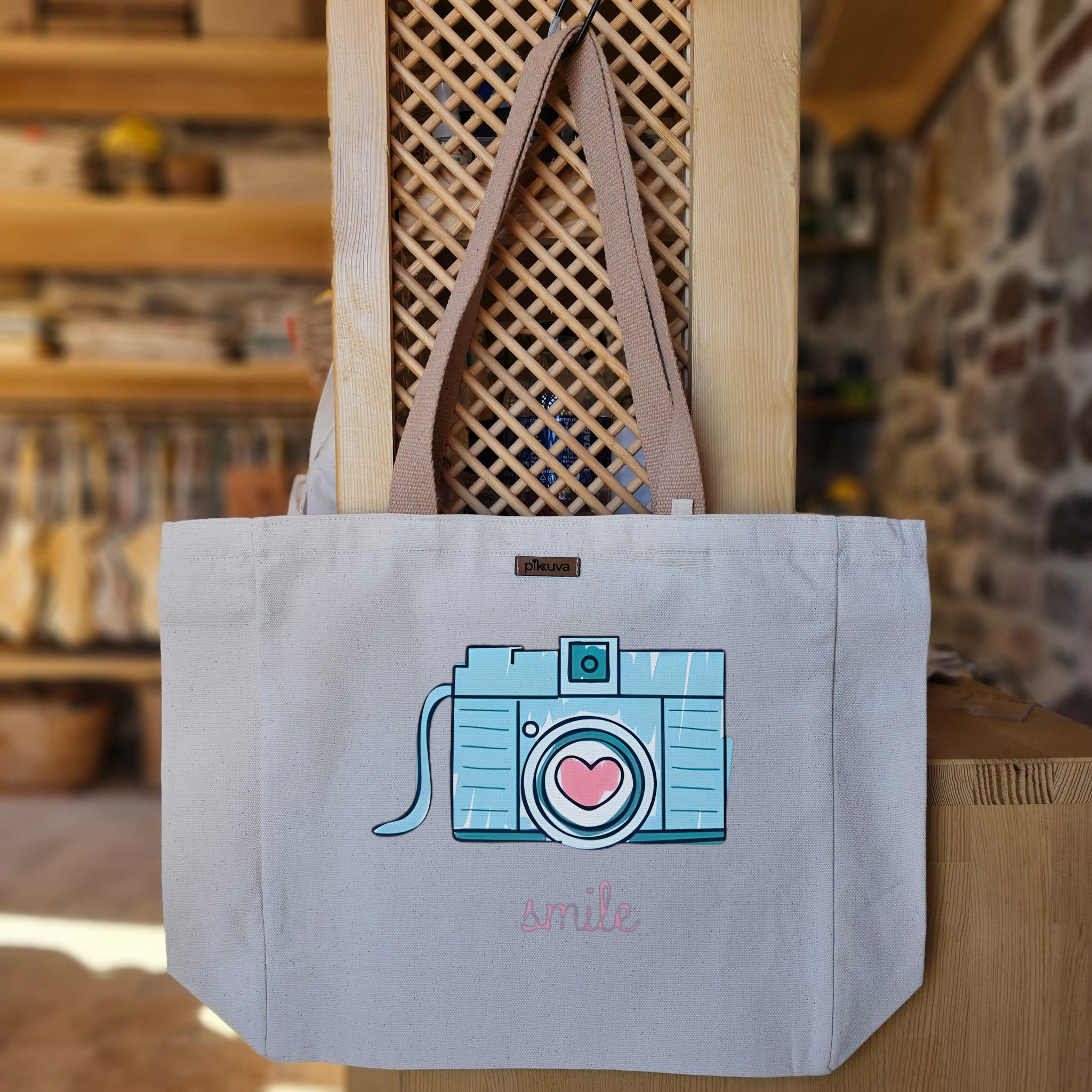 Natural Canvas Tote Bag, Light Brown Handles, White Velcro, Water Bottle Holder — 24x20