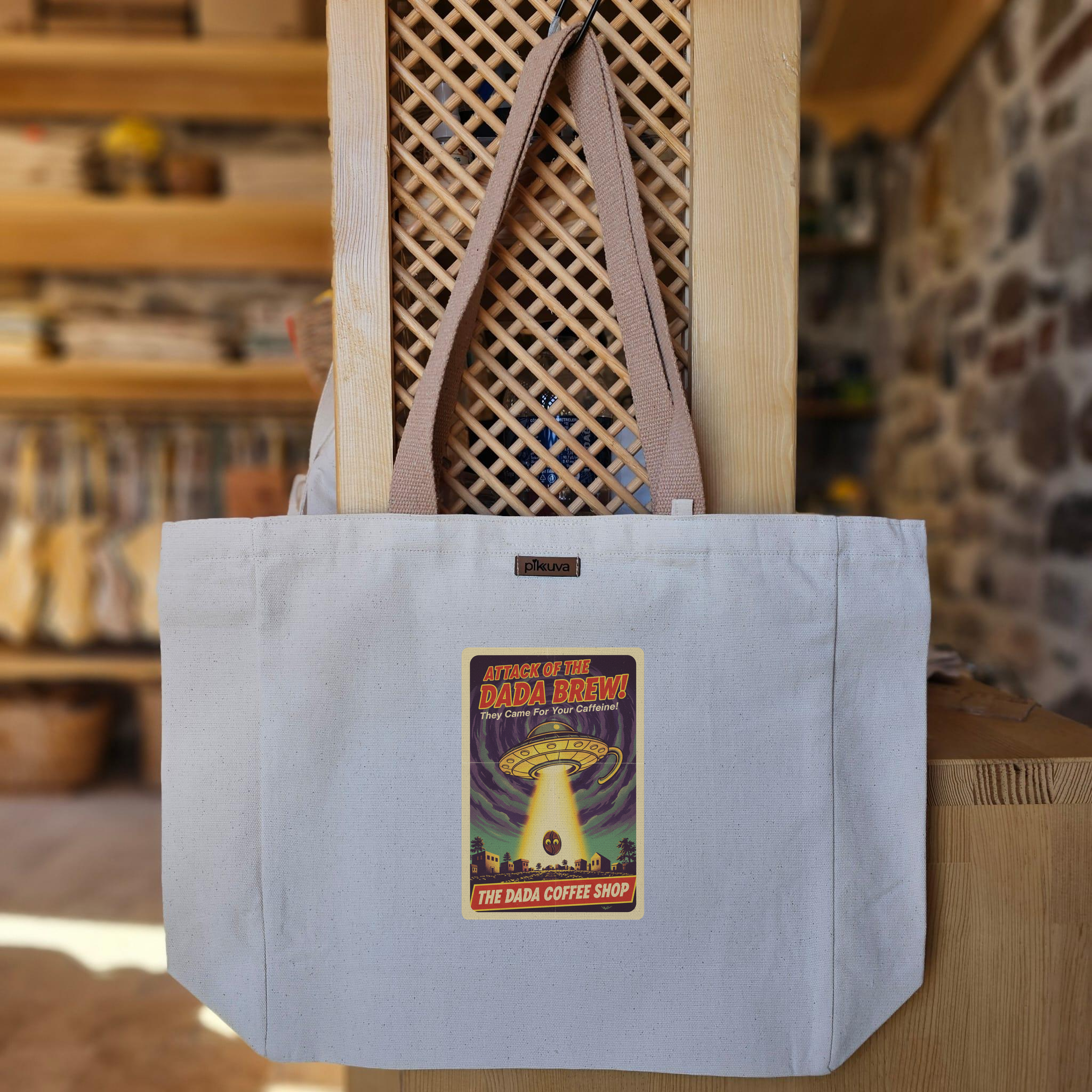 Natural Canvas Tote Bag, Light Brown Handles, White Velcro, Water Bottle Holder — 12x20
