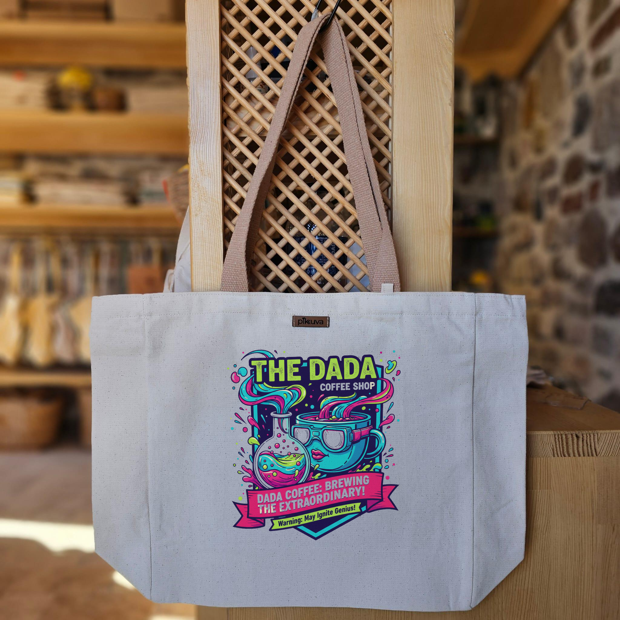 Dada Kahvesi Sıradışı Lezzetler COFFEE BREWING THE EXTRAORDINARY Baskılı Naturel Kanvas Bez Çanta Açık Kahve Sap Beyaz Cırt Cırtlı Suluk Tutuculu — 20x24