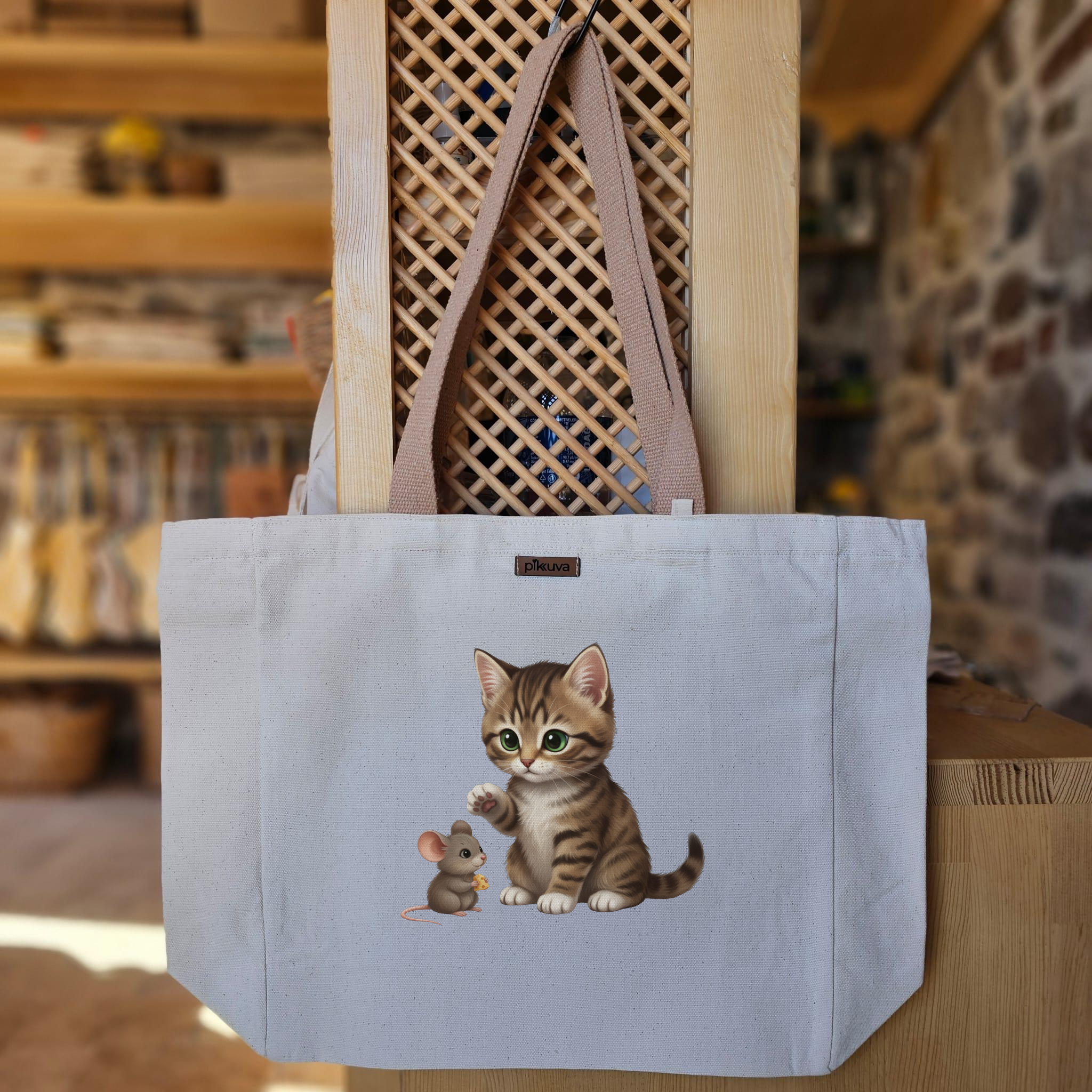 Natural Canvas Tote Bag, Light Brown Handles, White Velcro, Water Bottle Holder — 20x24