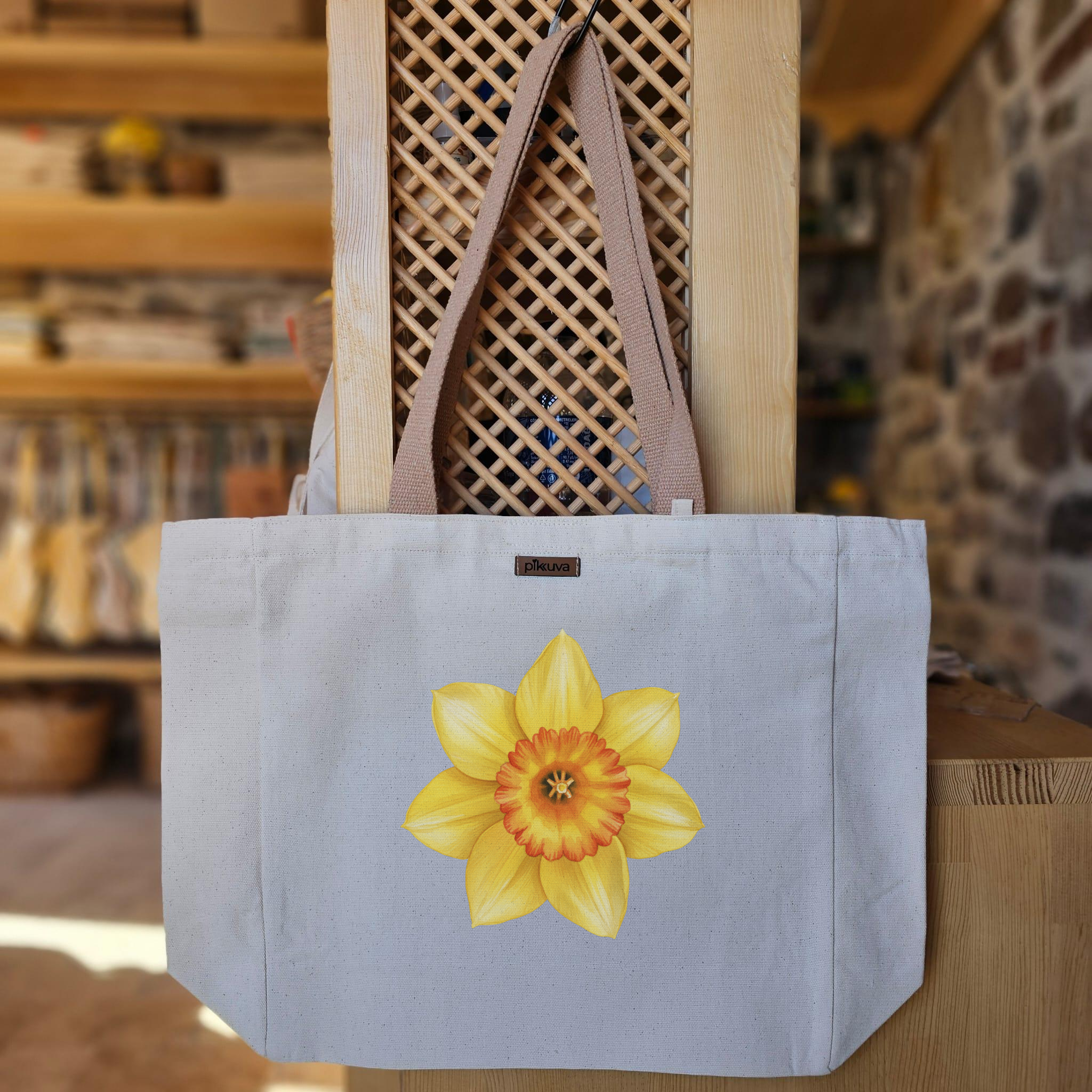 Natural Canvas Tote Bag, Light Brown Handles, White Velcro, Water Bottle Holder — 20x24