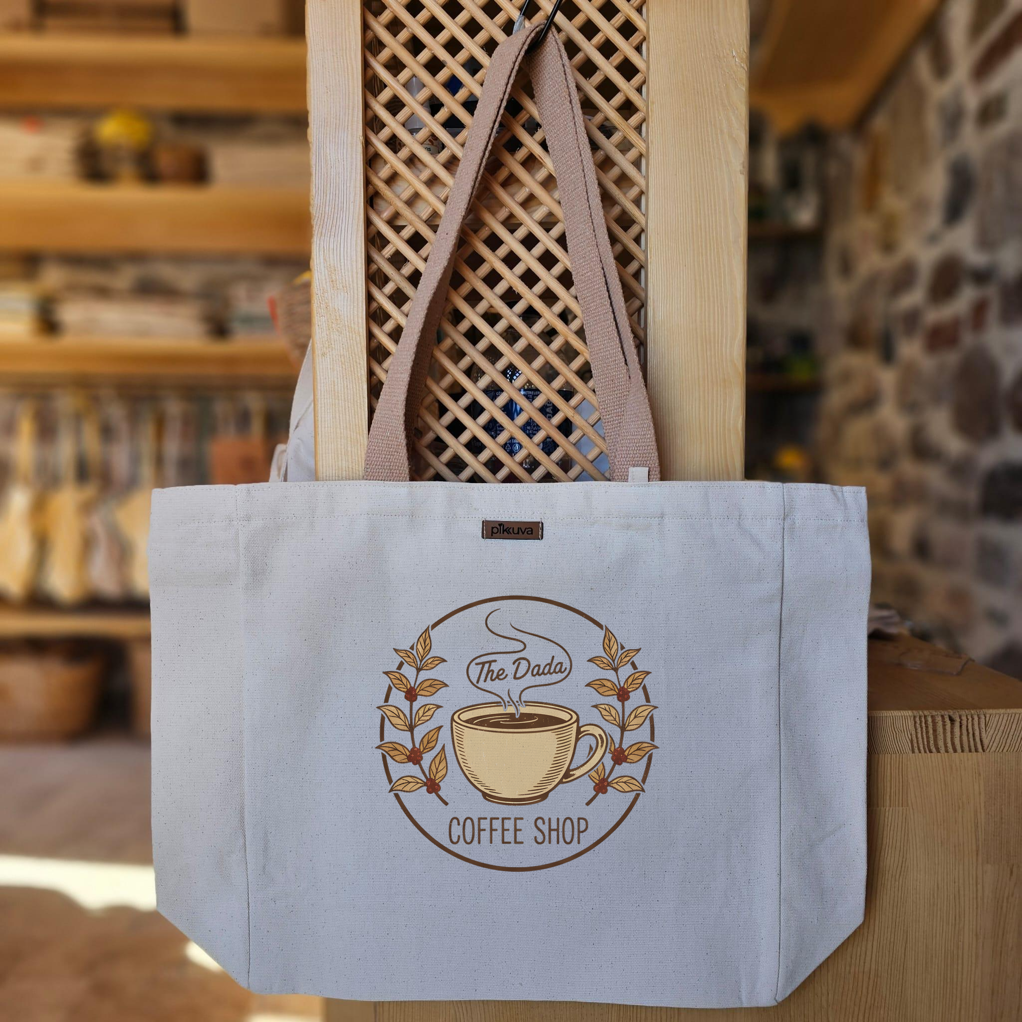Natural Canvas Tote Bag, Light Brown Handles, White Velcro, Water Bottle Holder — 20x24