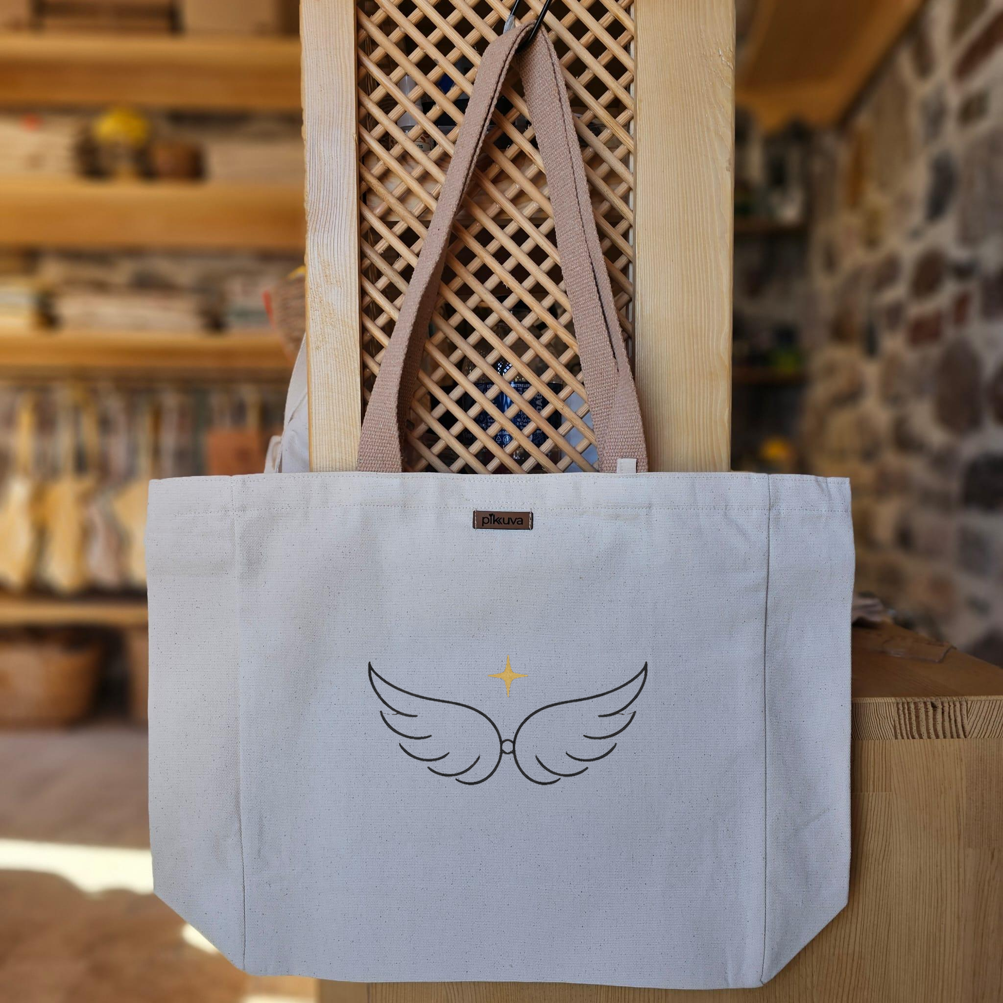 Natural Canvas Tote Bag, Light Brown Handles, White Velcro, Water Bottle Holder — 20x12