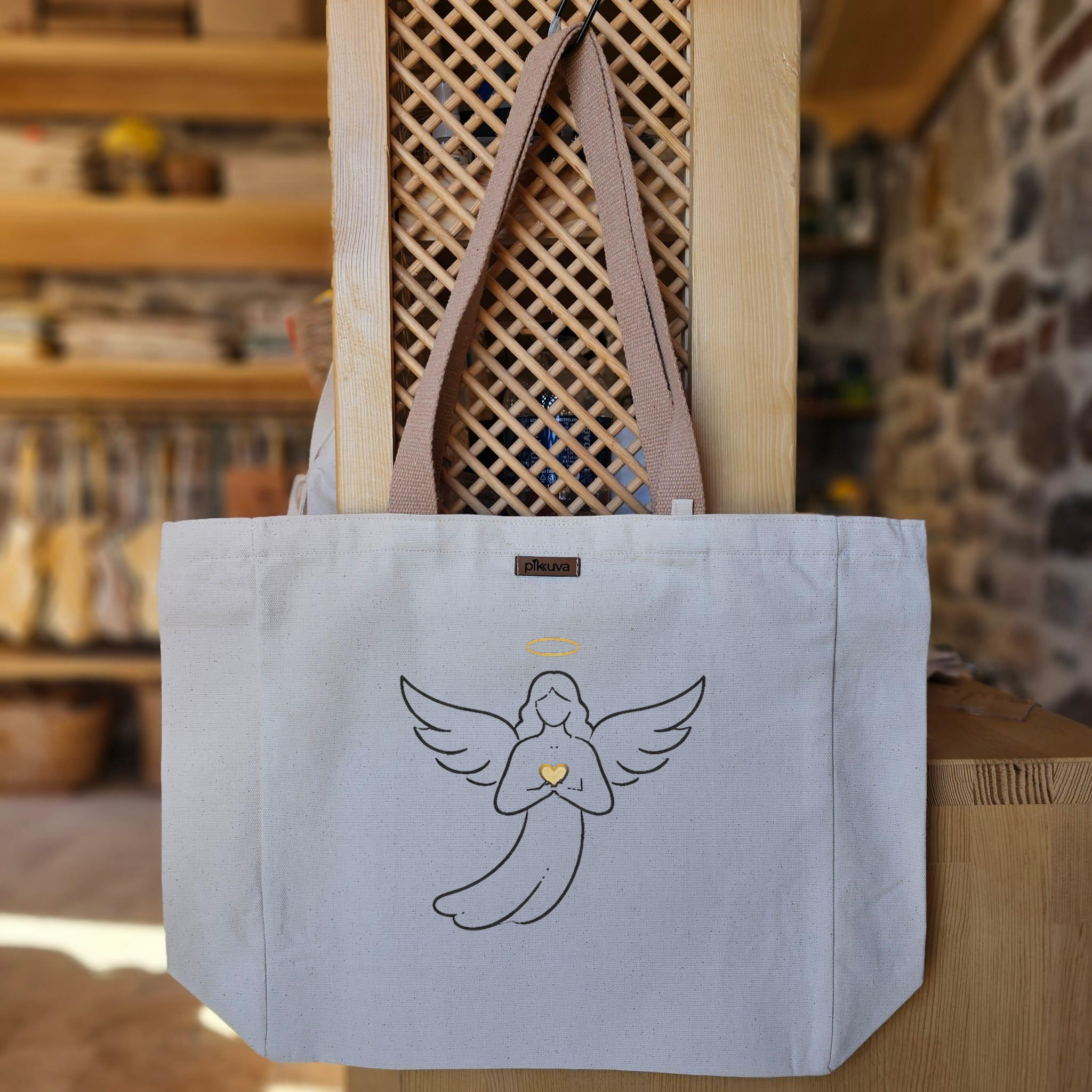 Natural Canvas Tote Bag, Light Brown Handles, White Velcro, Water Bottle Holder — 20x24