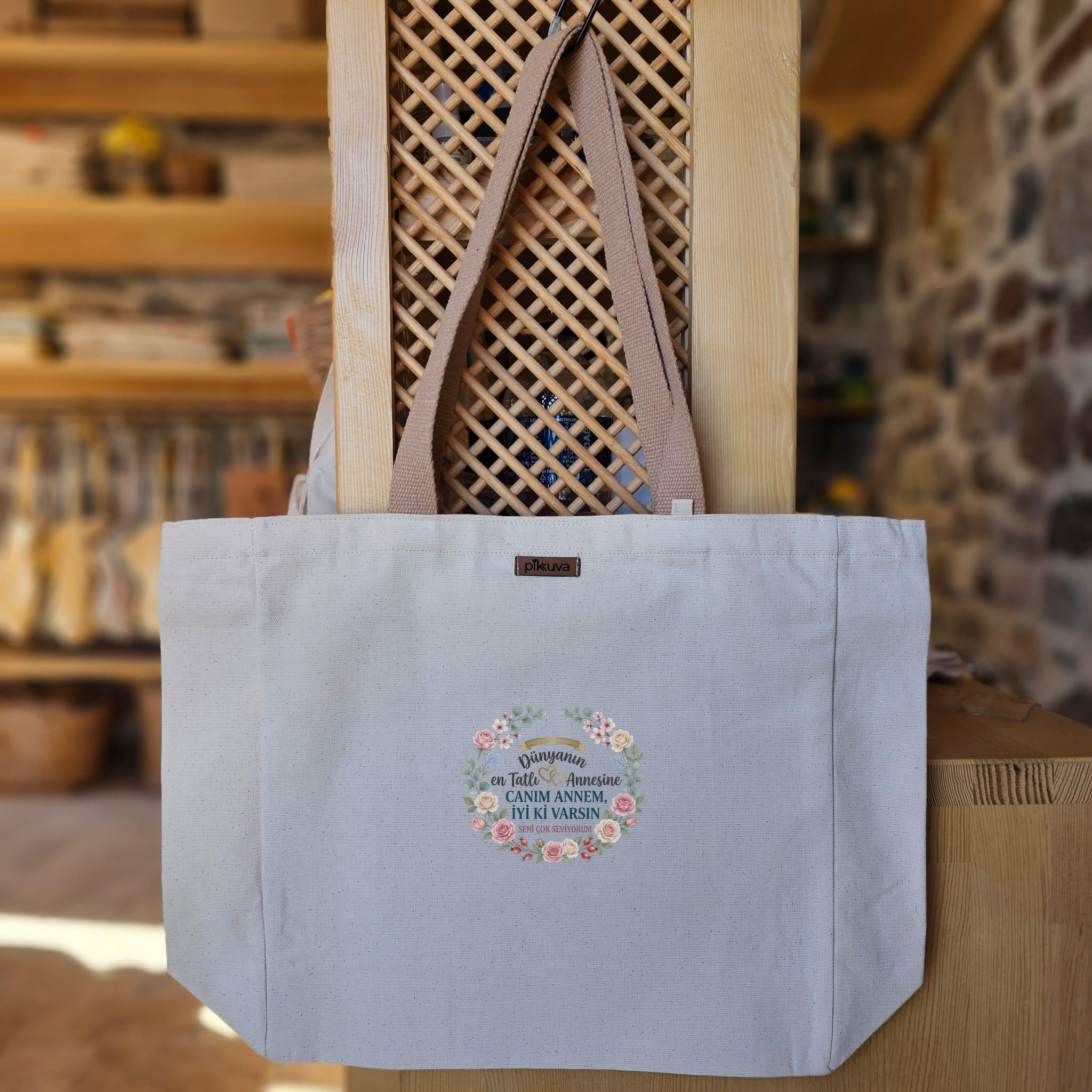 Natural Canvas Tote Bag, Light Brown Handles, White Velcro, Water Bottle Holder — 12x20