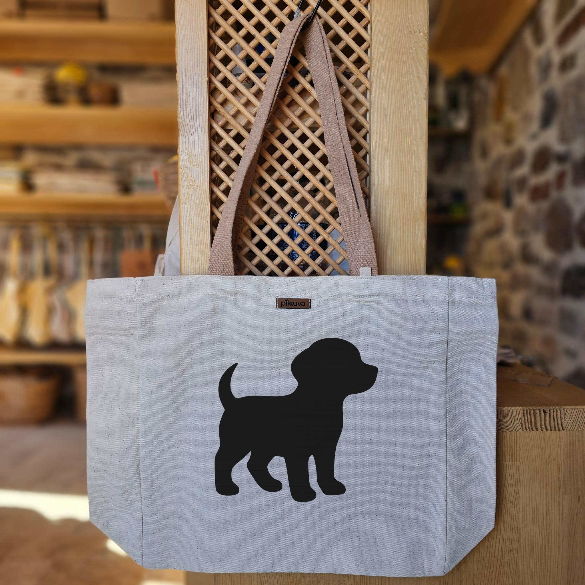 Sevimli Köpek Silueti Cute dog silhouette Baskılı Naturel Kanvas Bez Çanta Açık Kahve Sap Beyaz Cırt Cırtlı Suluk Tutuculu — 20x24