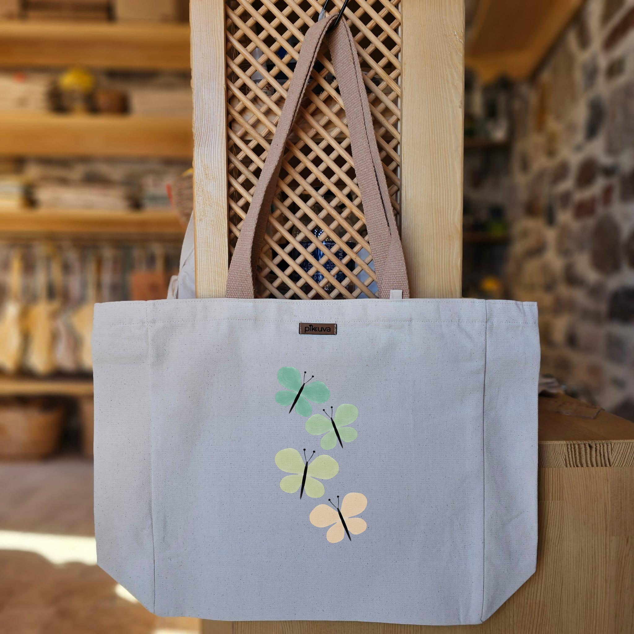 Natural Canvas Tote Bag, Light Brown Handles, White Velcro, Water Bottle Holder — 12x20