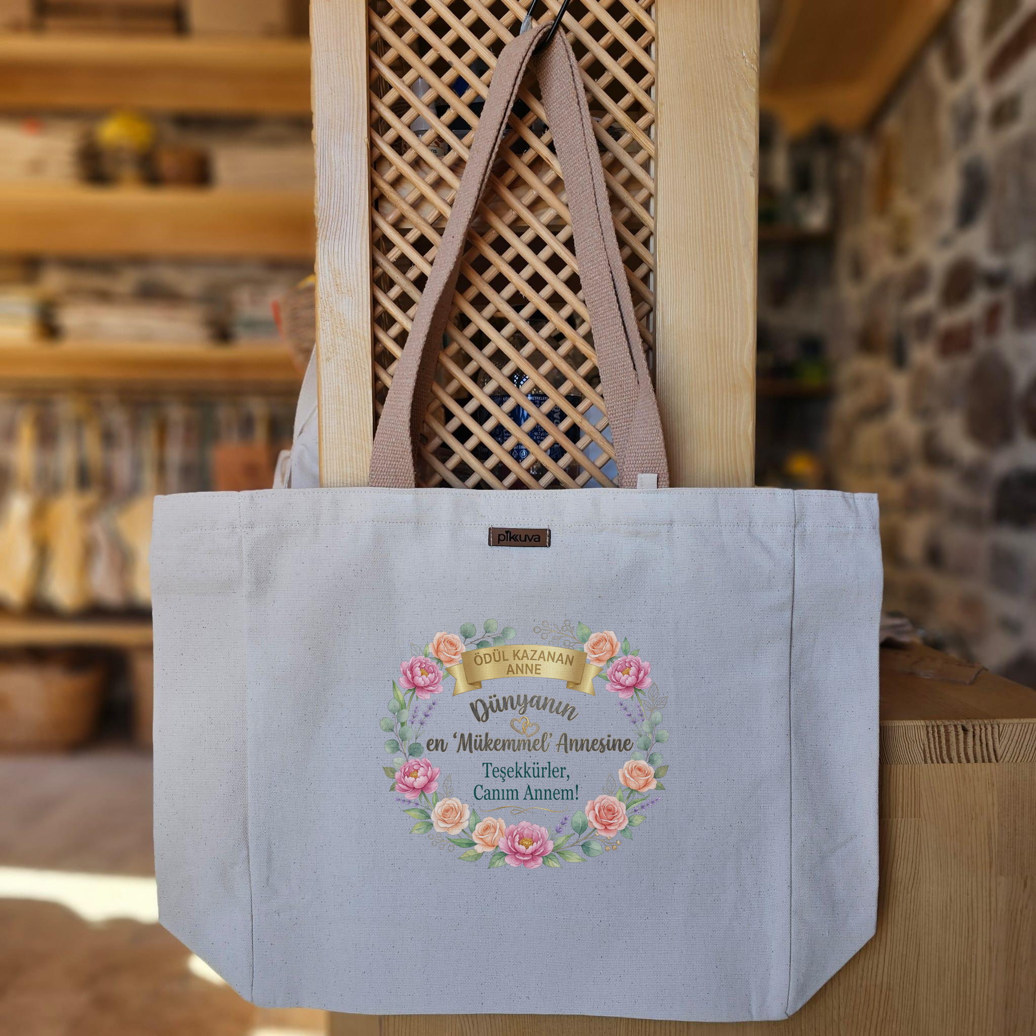 Natural Canvas Tote Bag, Light Brown Handles, White Velcro, Water Bottle Holder — 20x24