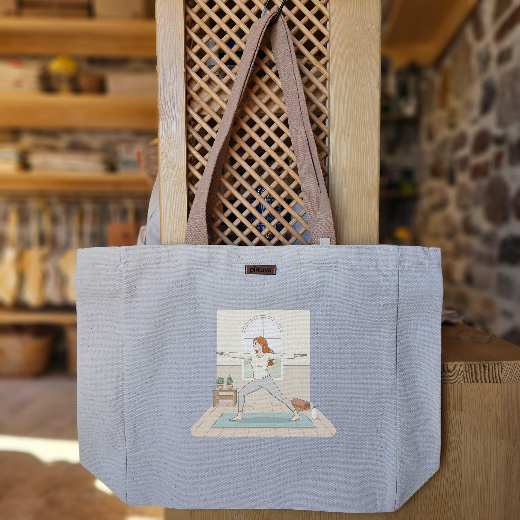 Natural Canvas Tote Bag, Light Brown Handles, White Velcro, Water Bottle Holder — 20x24