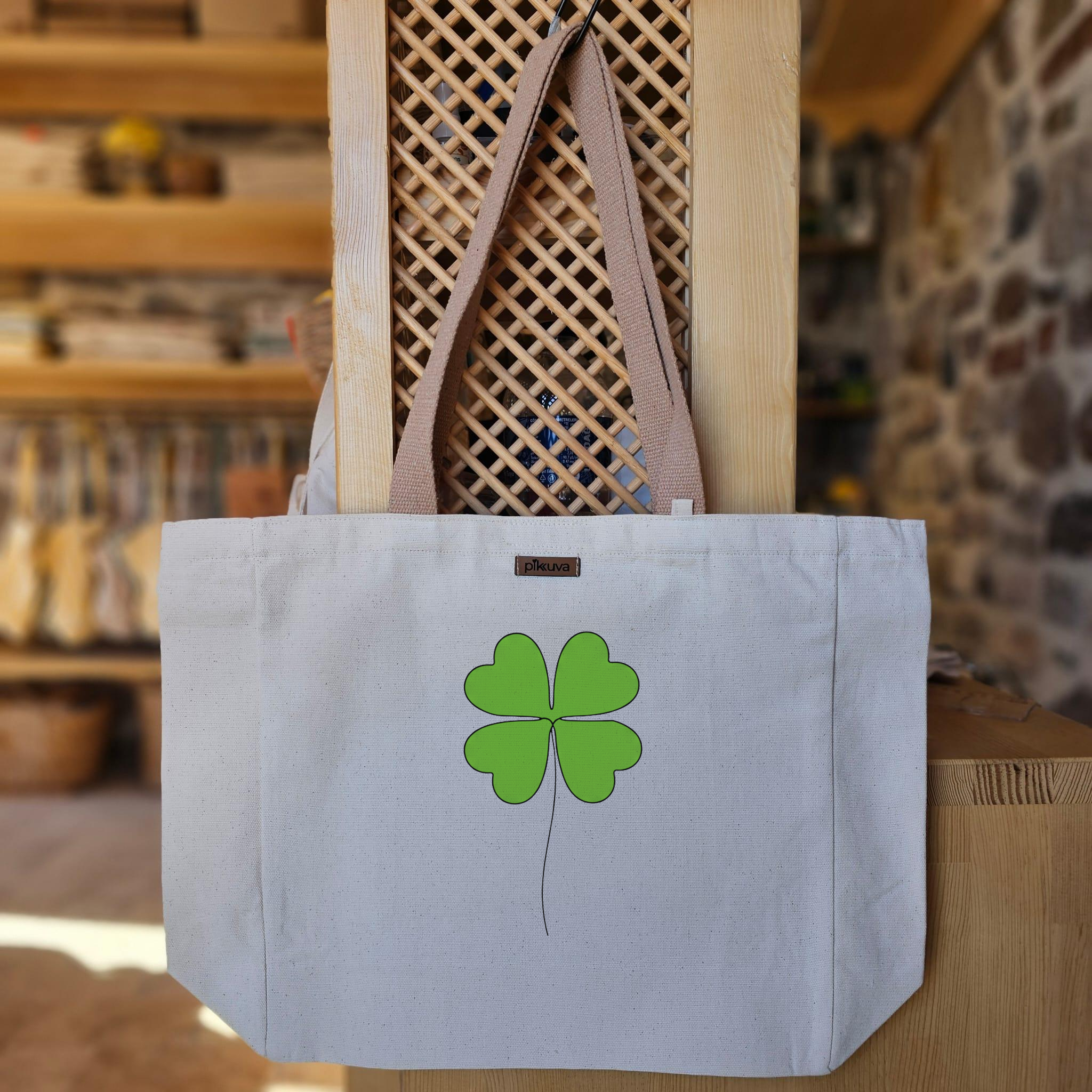 Dört Yapraklı Yonca Tasarımı Four leaf clover Baskılı Naturel Kanvas Bez Çanta Açık Kahve Sap Beyaz Cırt Cırtlı Suluk Tutuculu — 12x20